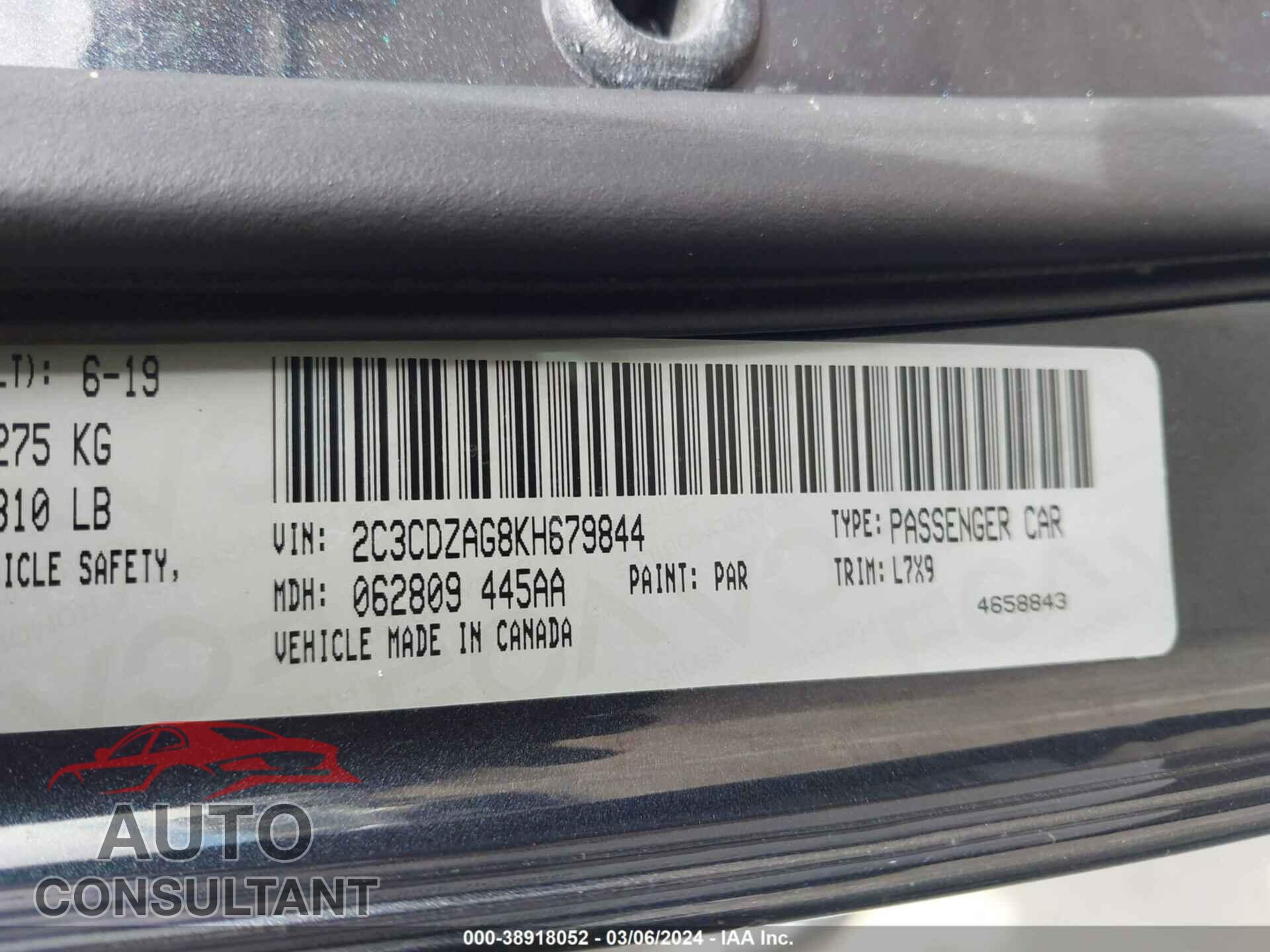 DODGE CHALLENGER 2019 - 2C3CDZAG8KH679844