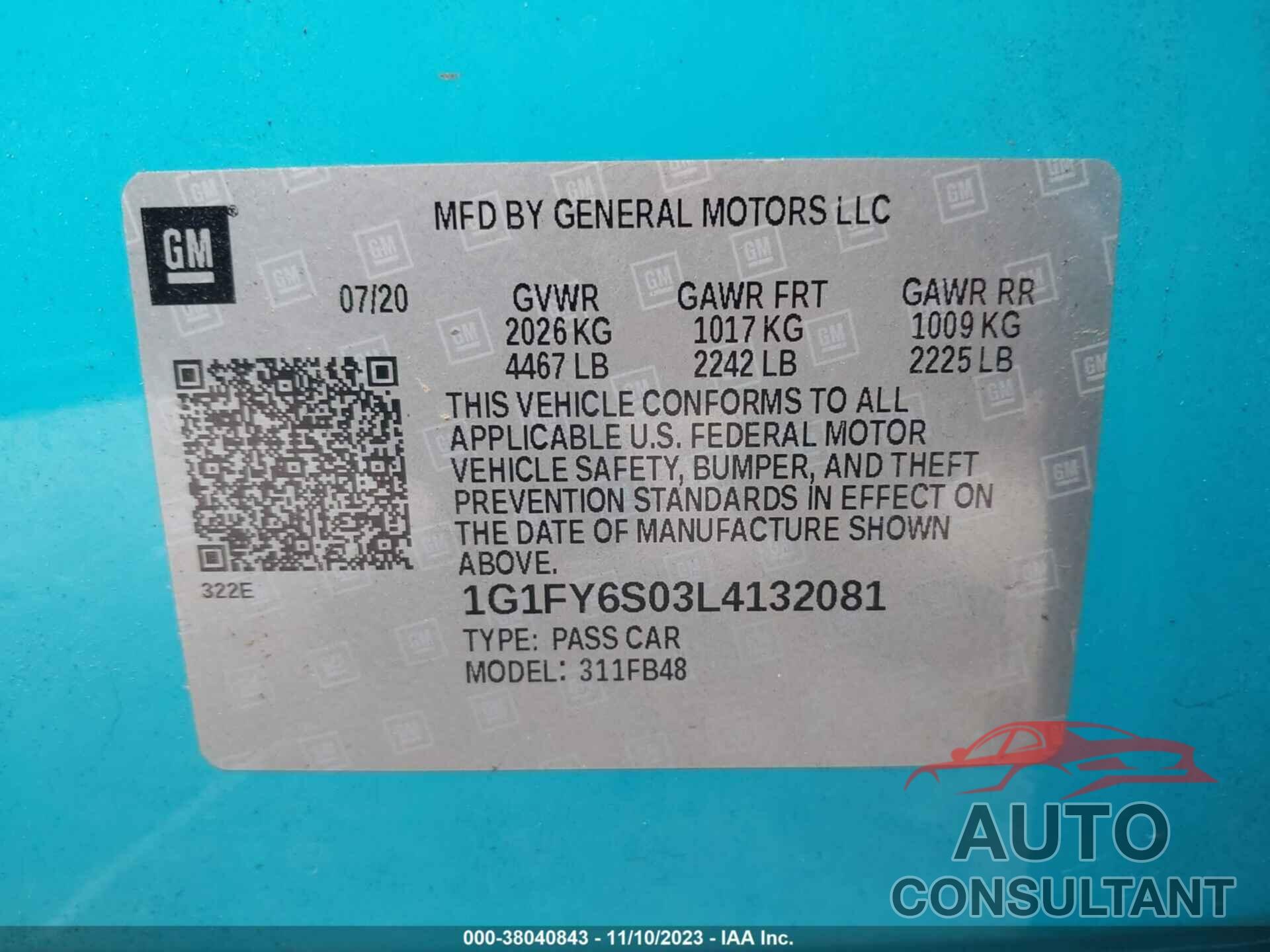 CHEVROLET BOLT EV 2020 - 1G1FY6S03L4132081