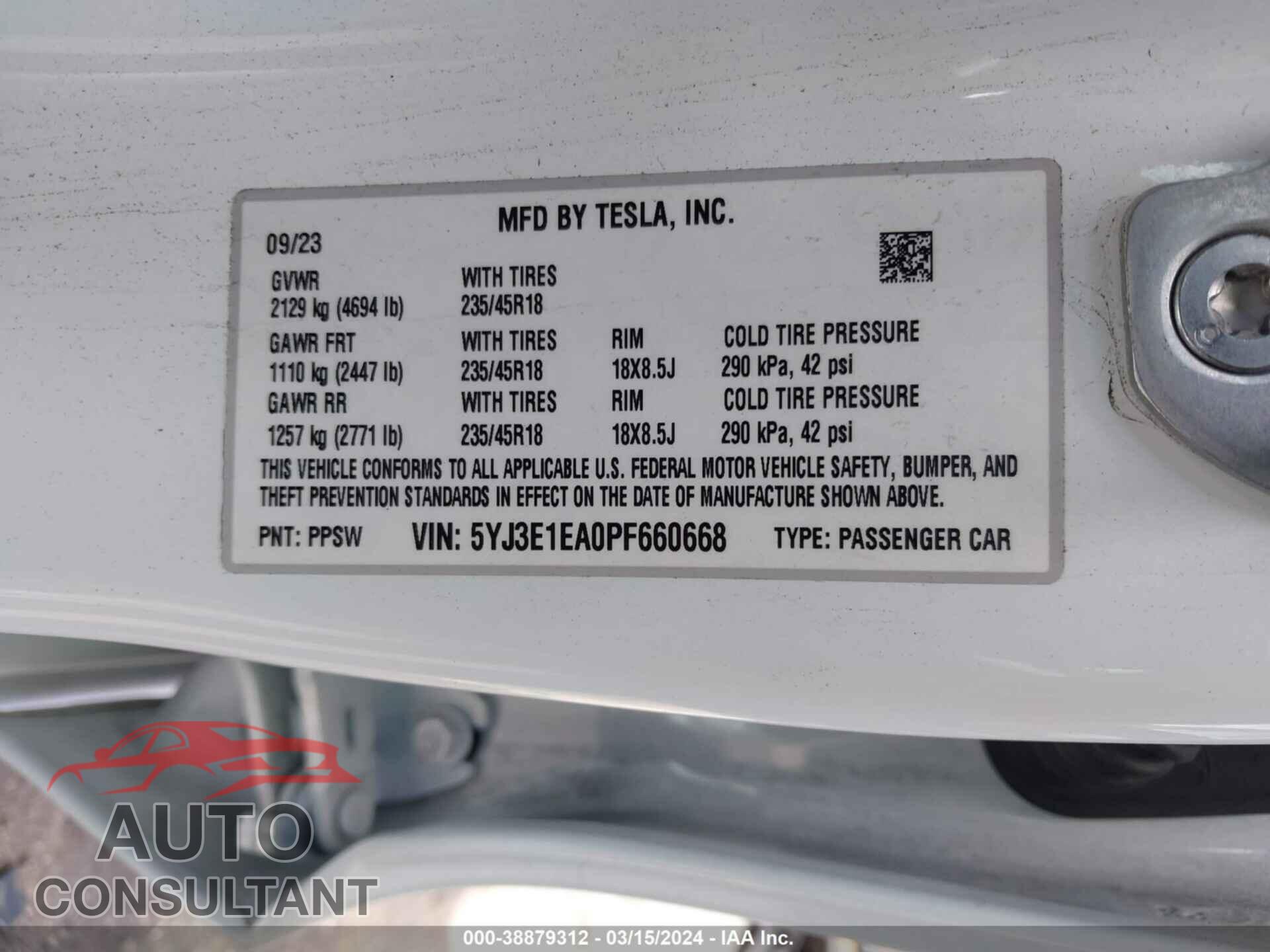 TESLA MODEL 3 2023 - 5YJ3E1EA0PF660668