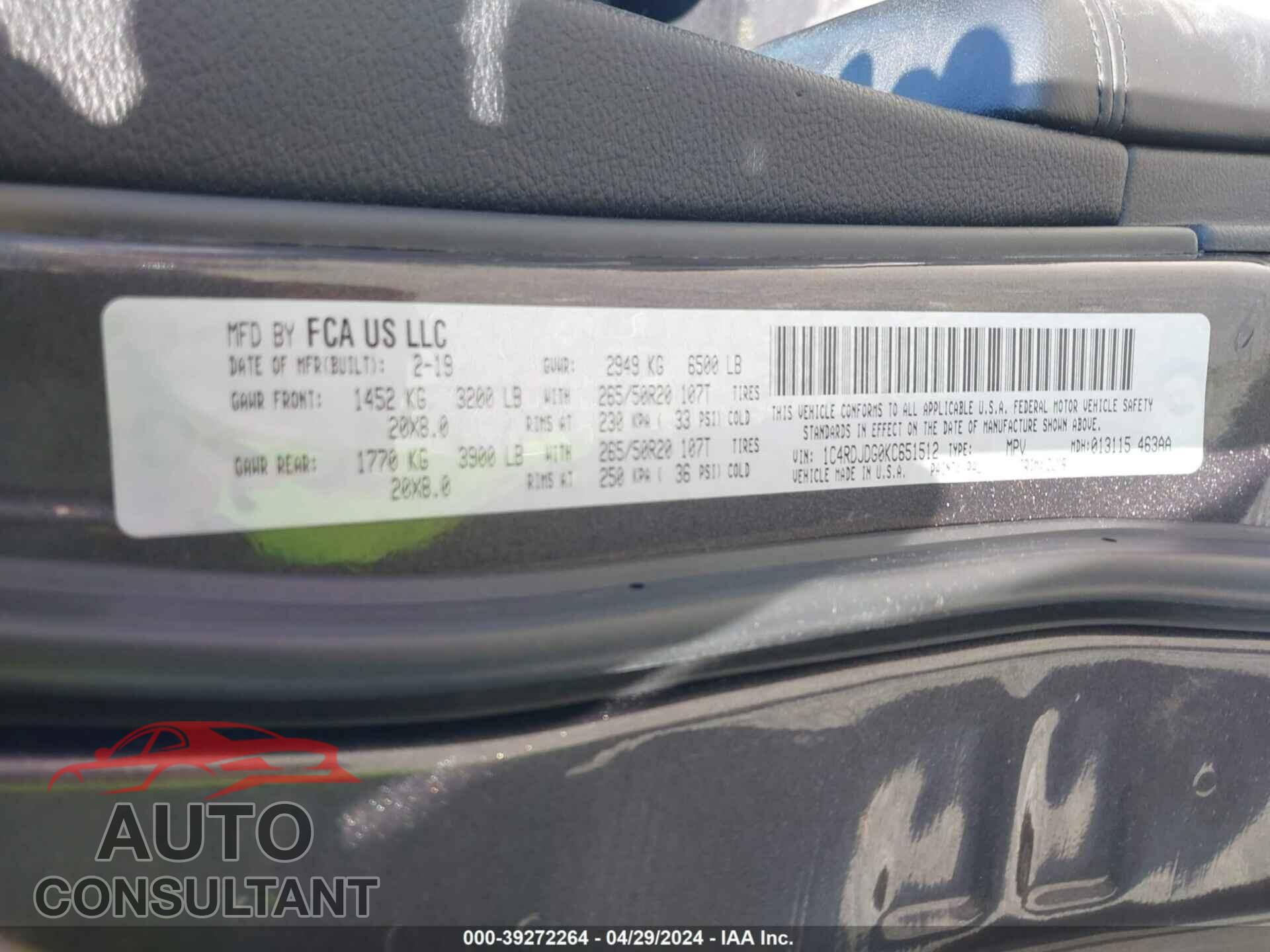DODGE DURANGO 2019 - 1C4RDJDG0KC651512