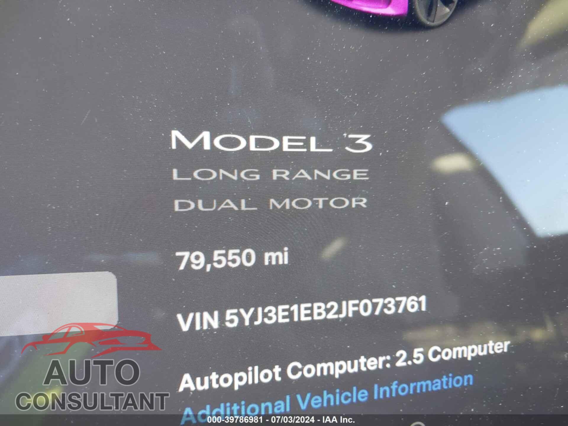 TESLA MODEL 3 2018 - 5YJ3E1EB2JF073761