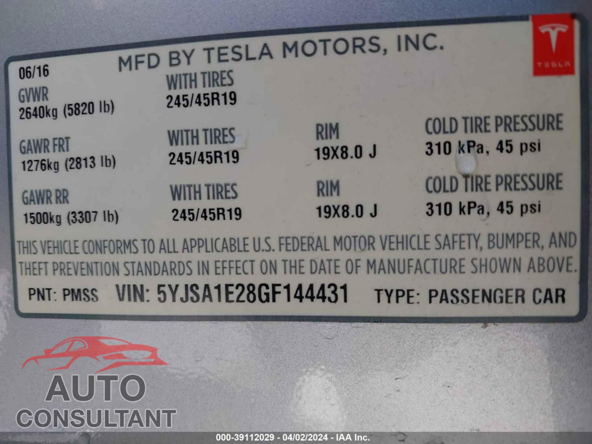 TESLA MODEL S 2016 - 5YJSA1E28GF144431