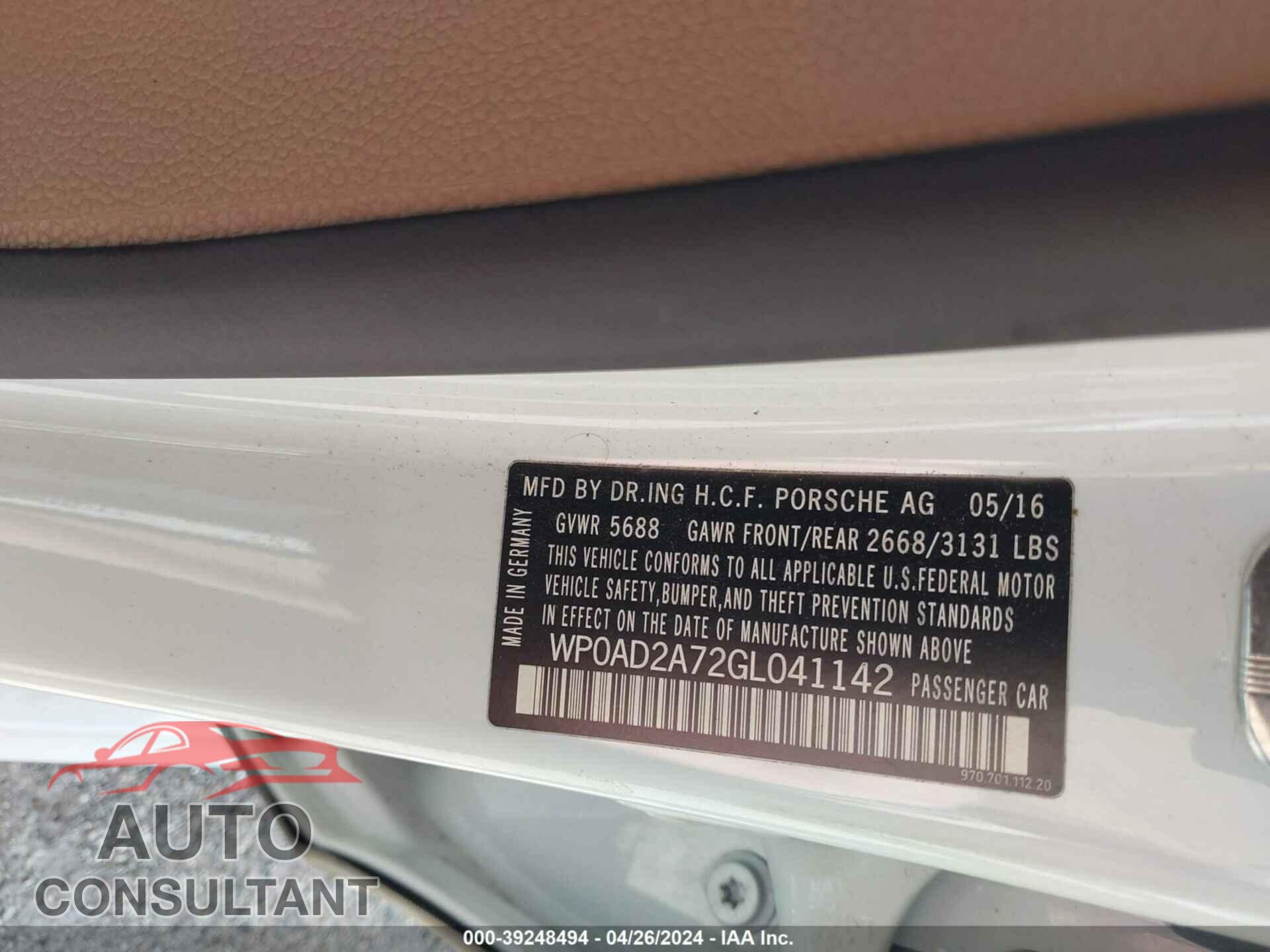 PORSCHE PANAMERA 2016 - WP0AD2A72GL041142