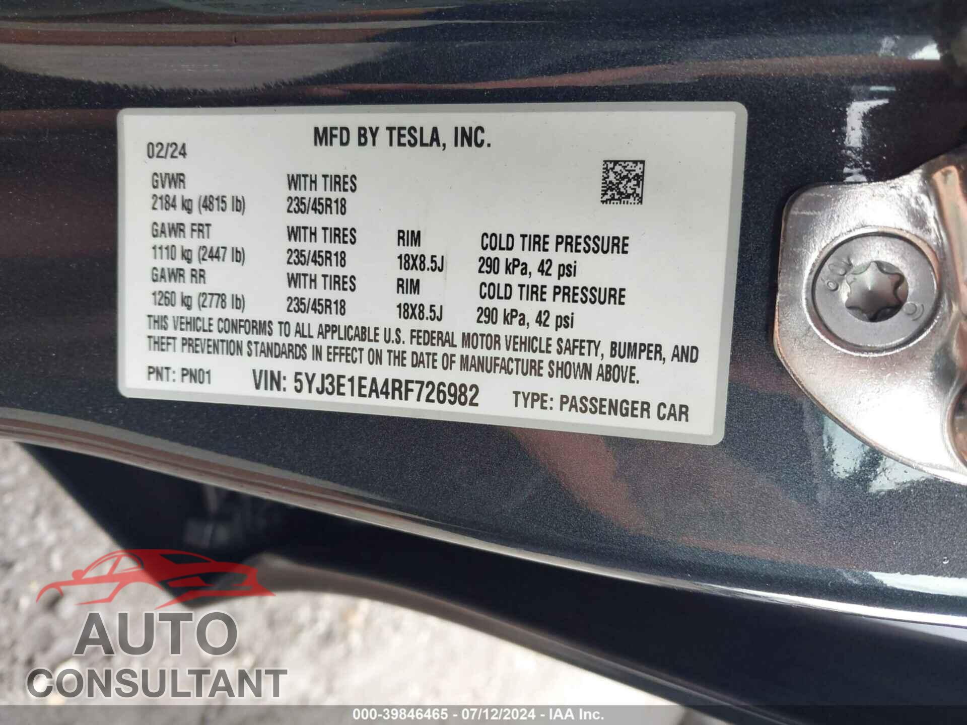TESLA MODEL 3 2024 - 5YJ3E1EA4RF726982