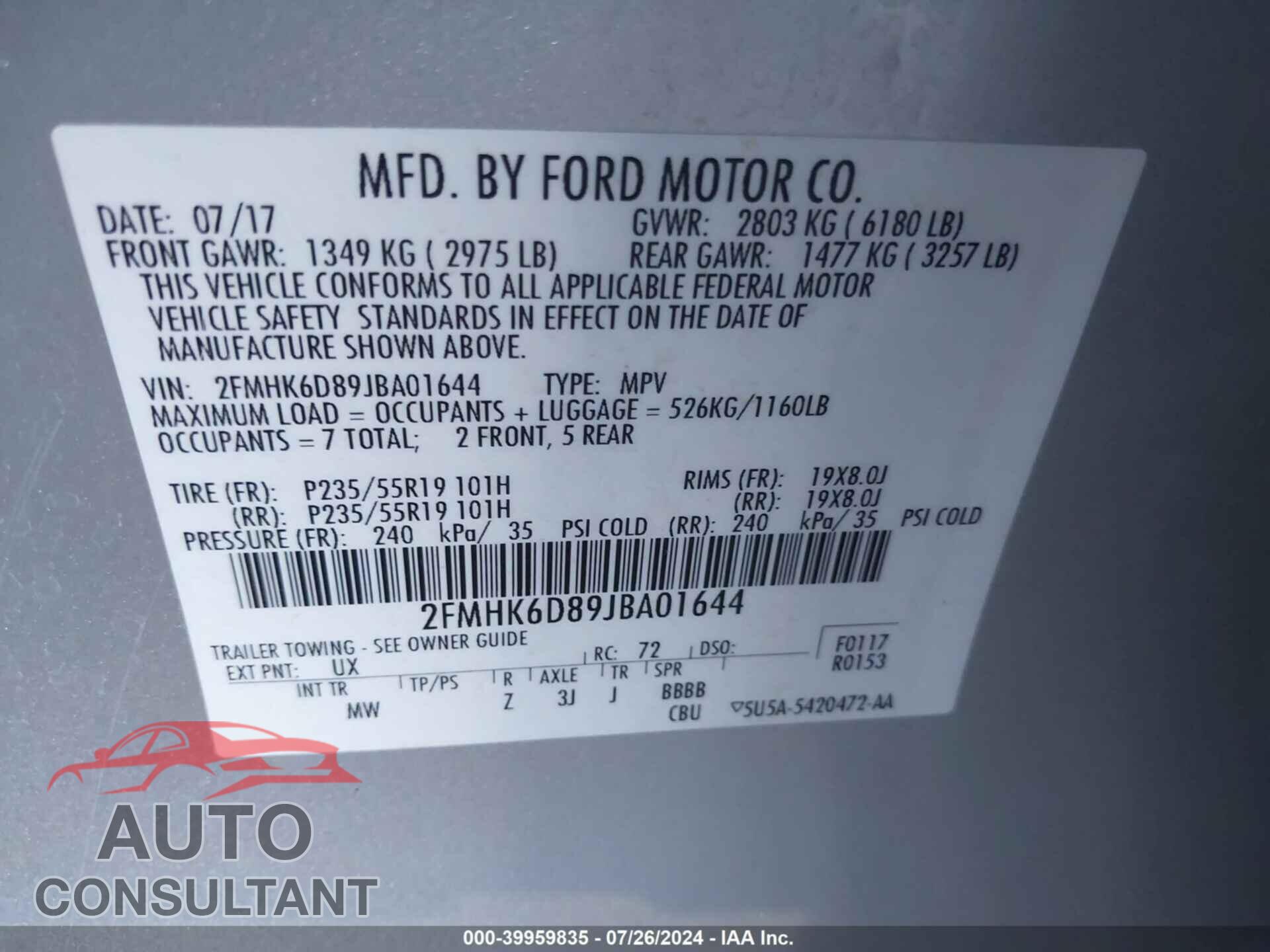 FORD FLEX 2018 - 2FMHK6D89JBA01644
