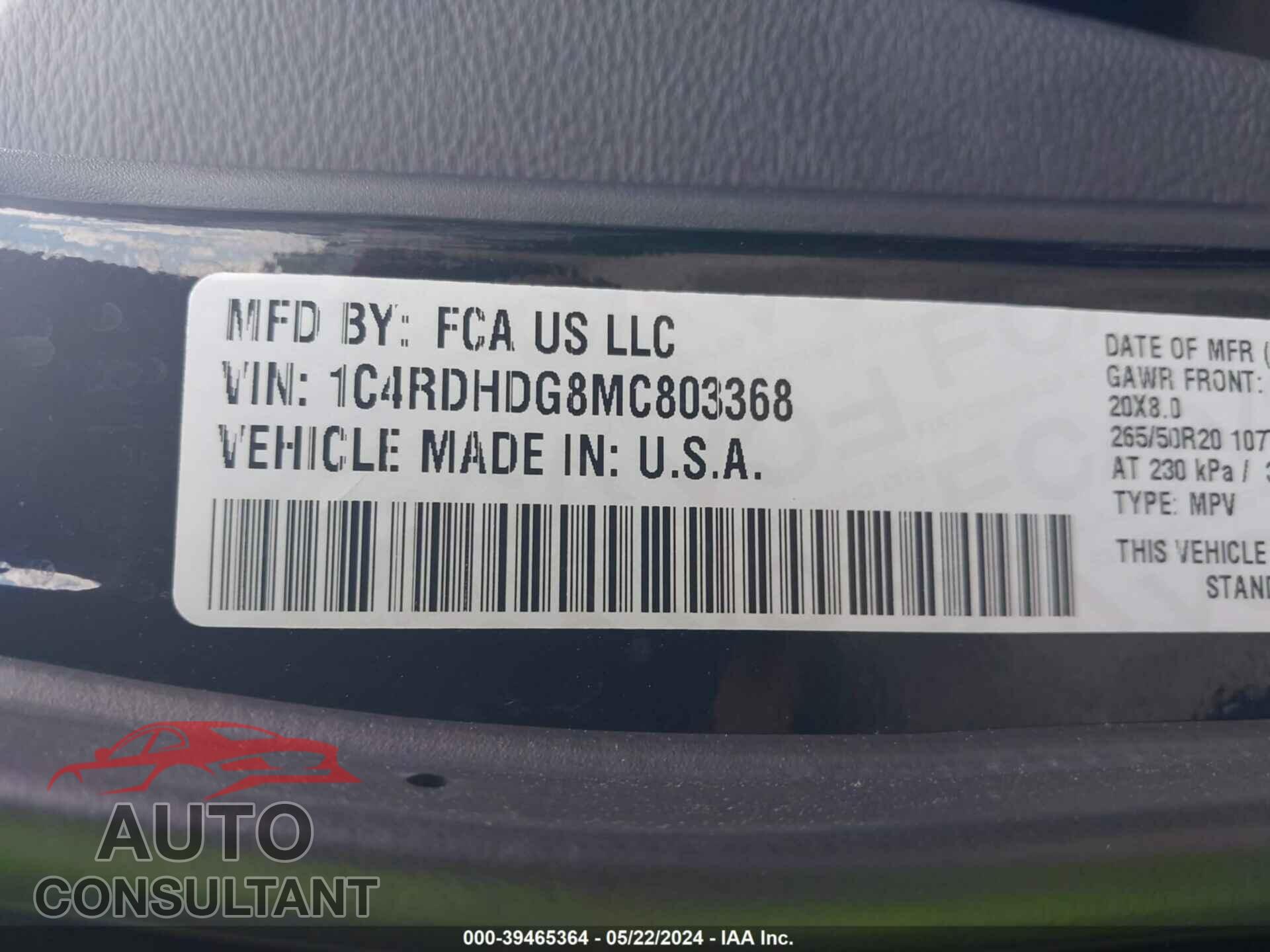 DODGE DURANGO 2021 - 1C4RDHDG8MC803368