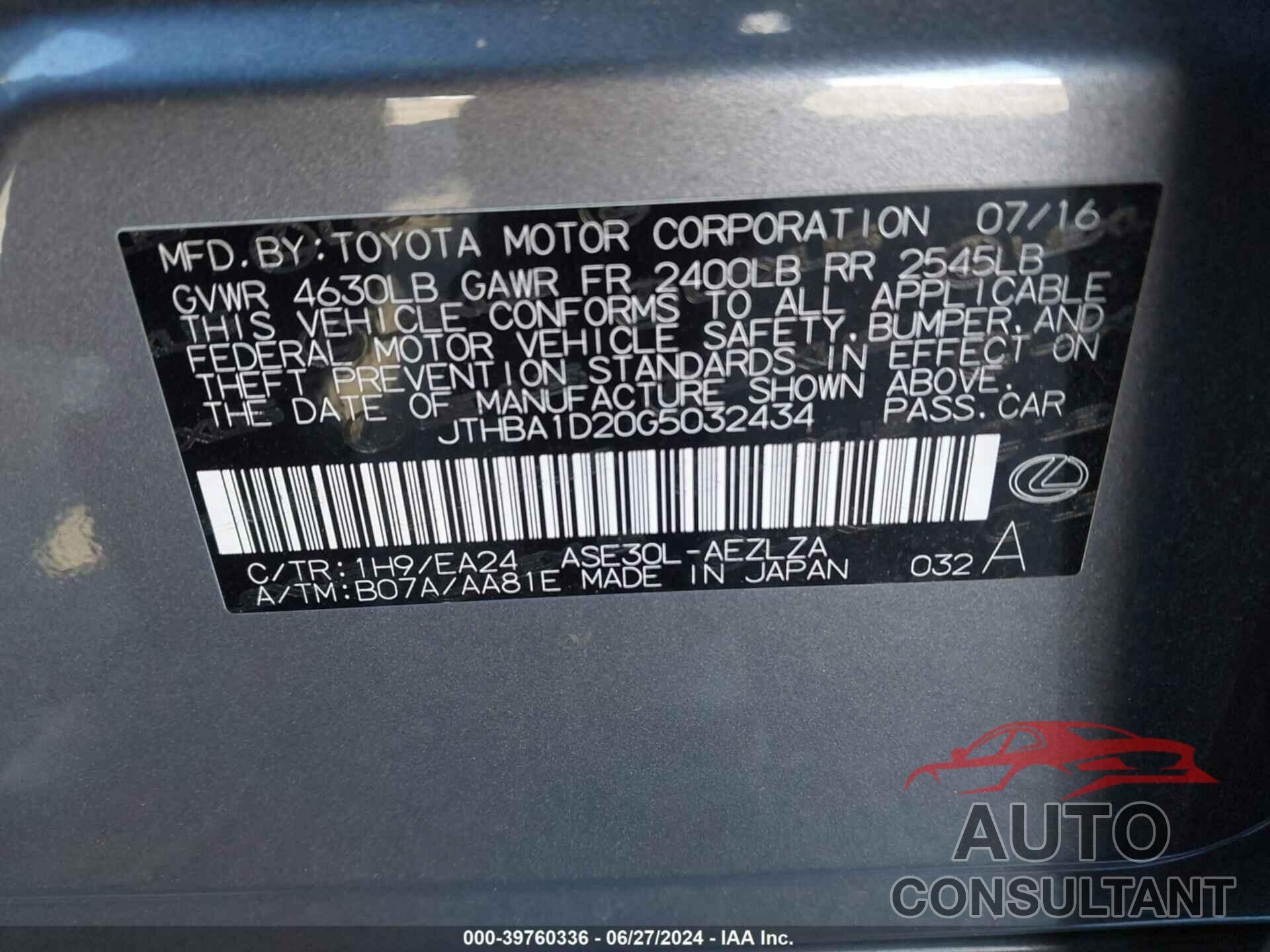 LEXUS IS 200T 2016 - JTHBA1D20G5032434