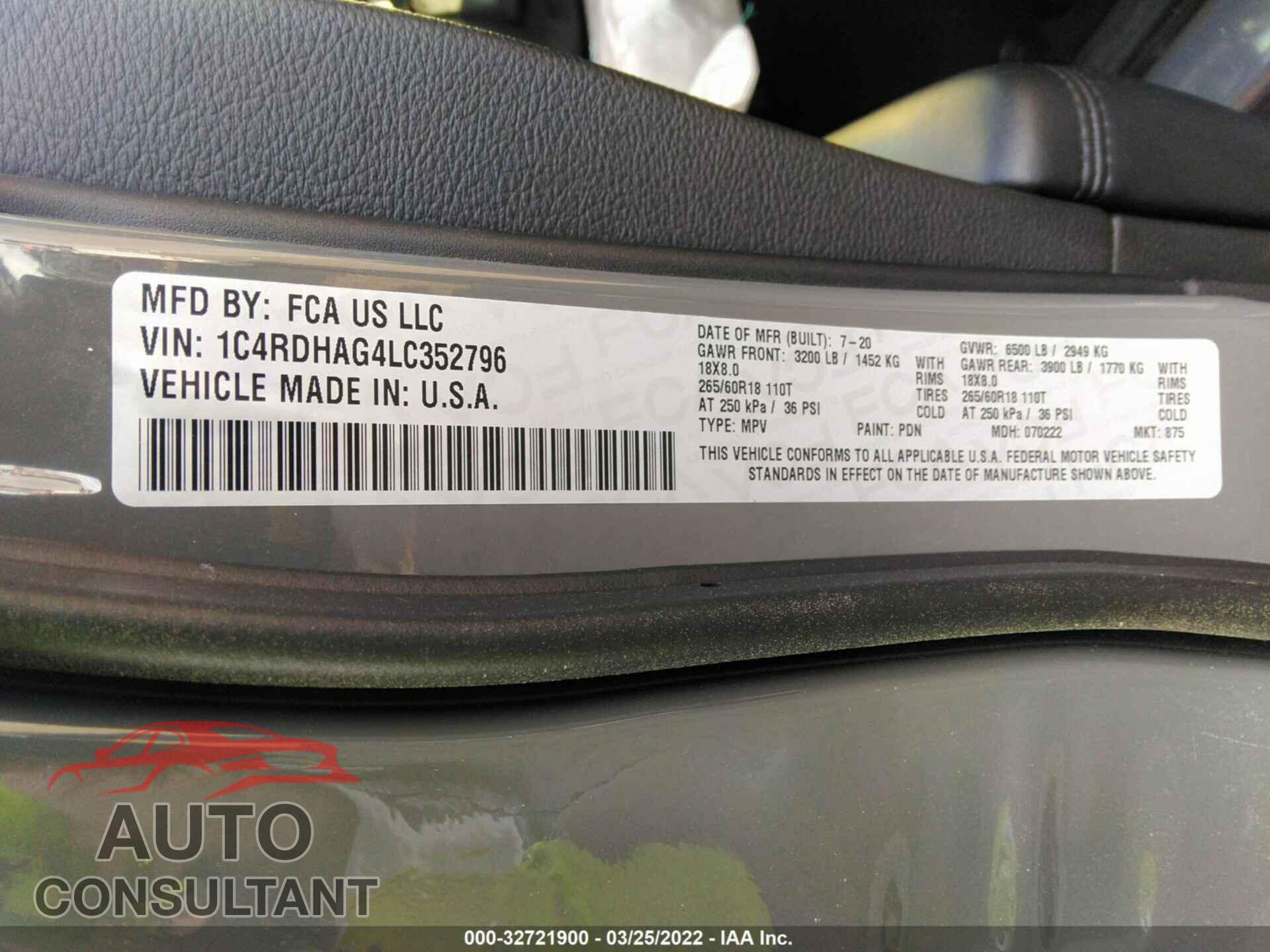DODGE DURANGO 2020 - 1C4RDHAG4LC352796