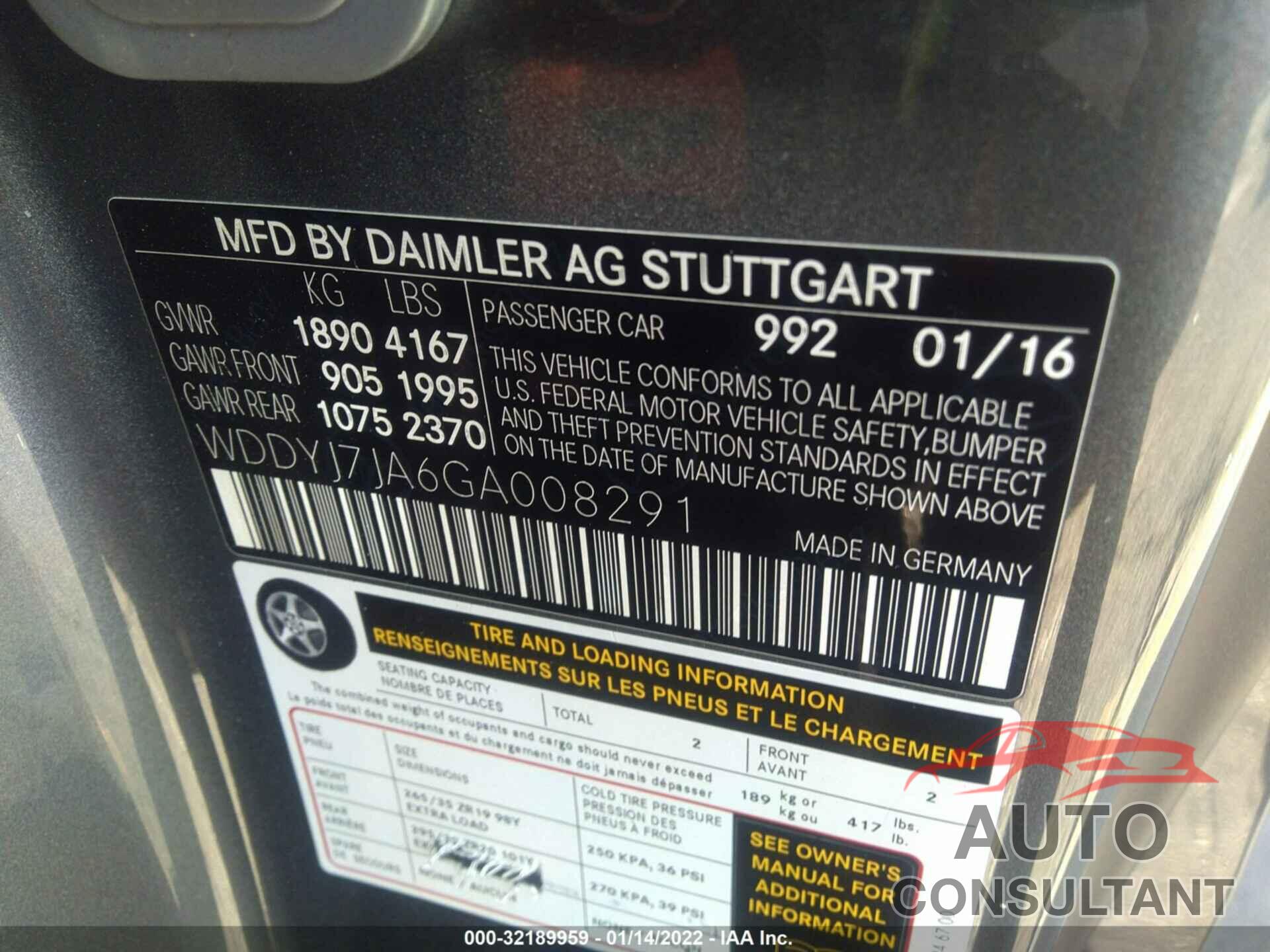 MERCEDES-BENZ AMG GT 2016 - WDDYJ7JA6GA008291