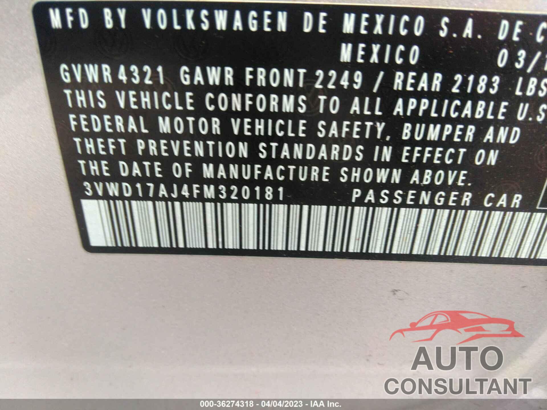 VOLKSWAGEN JETTA SEDAN 2015 - 3VWD17AJ4FM320181