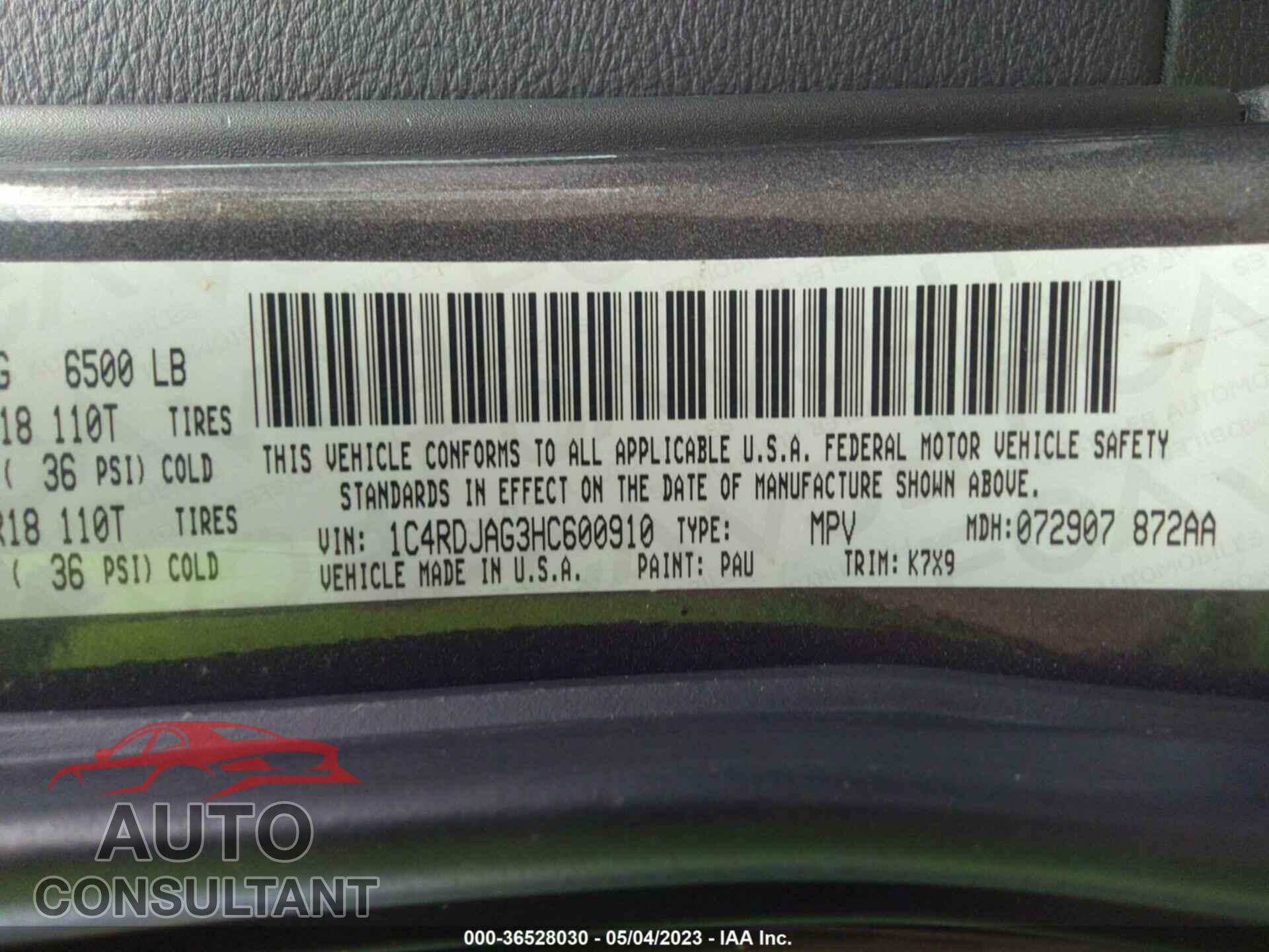 DODGE DURANGO 2017 - 1C4RDJAG3HC600910