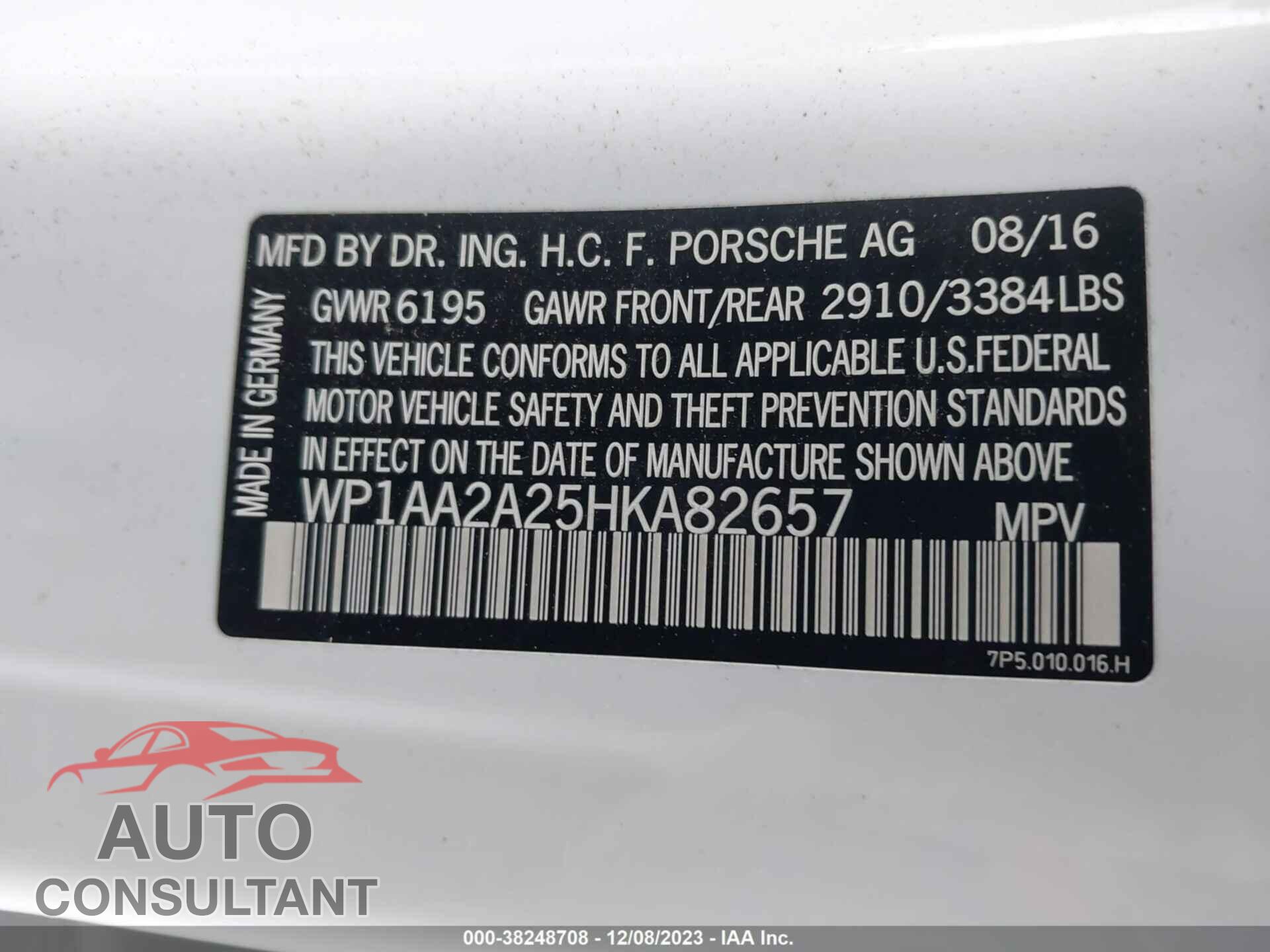 PORSCHE CAYENNE 2017 - WP1AA2A25HKA82657
