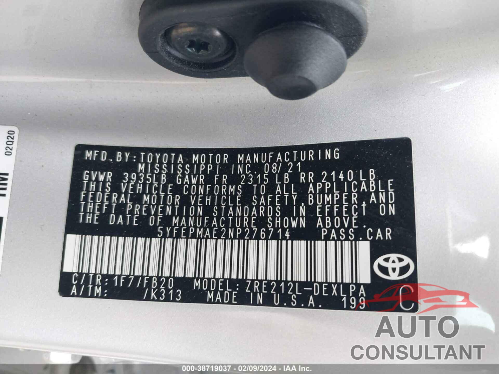 TOYOTA COROLLA 2022 - 5YFEPMAE2NP276714