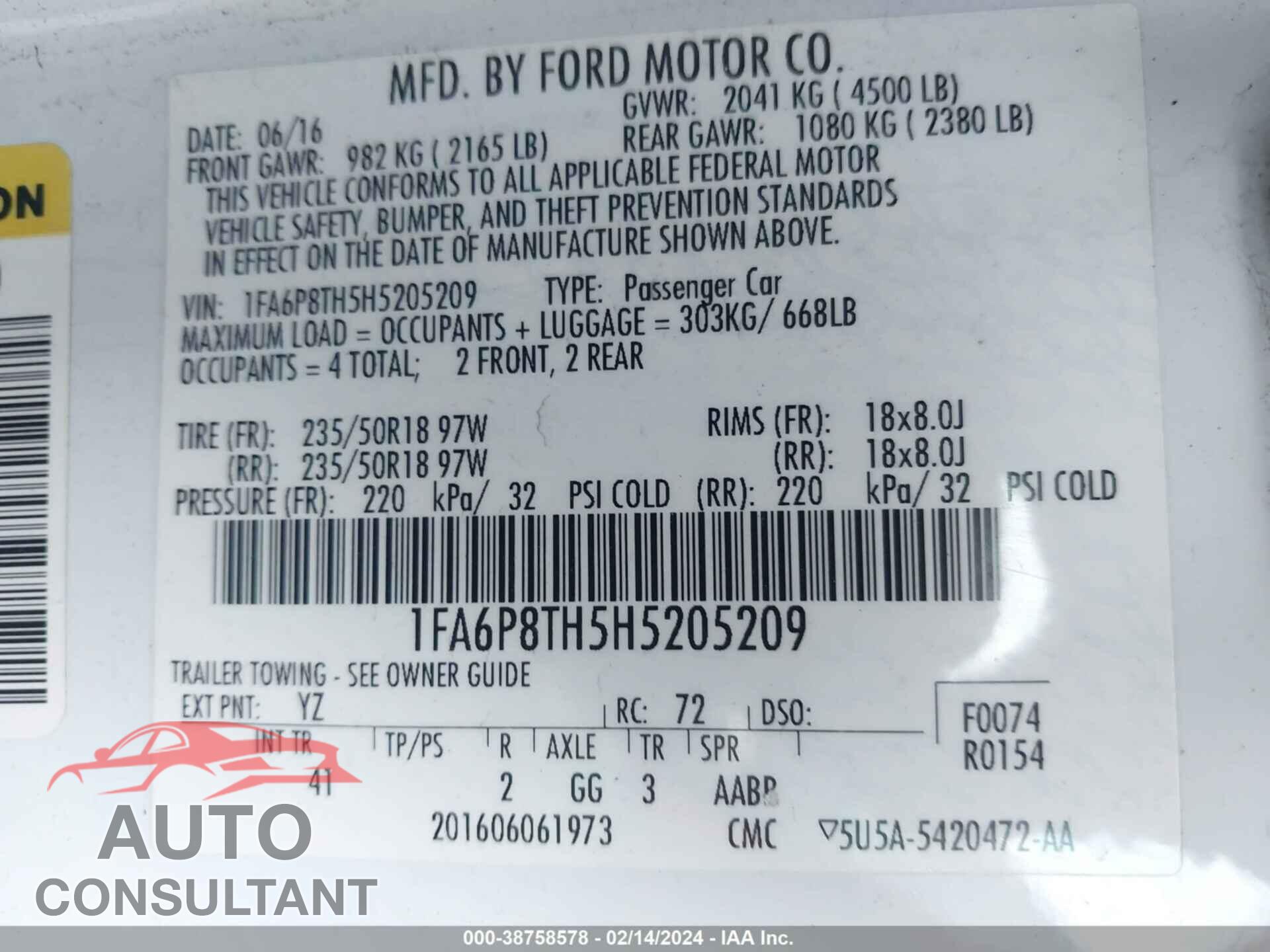 FORD MUSTANG 2017 - 1FA6P8TH5H5205209