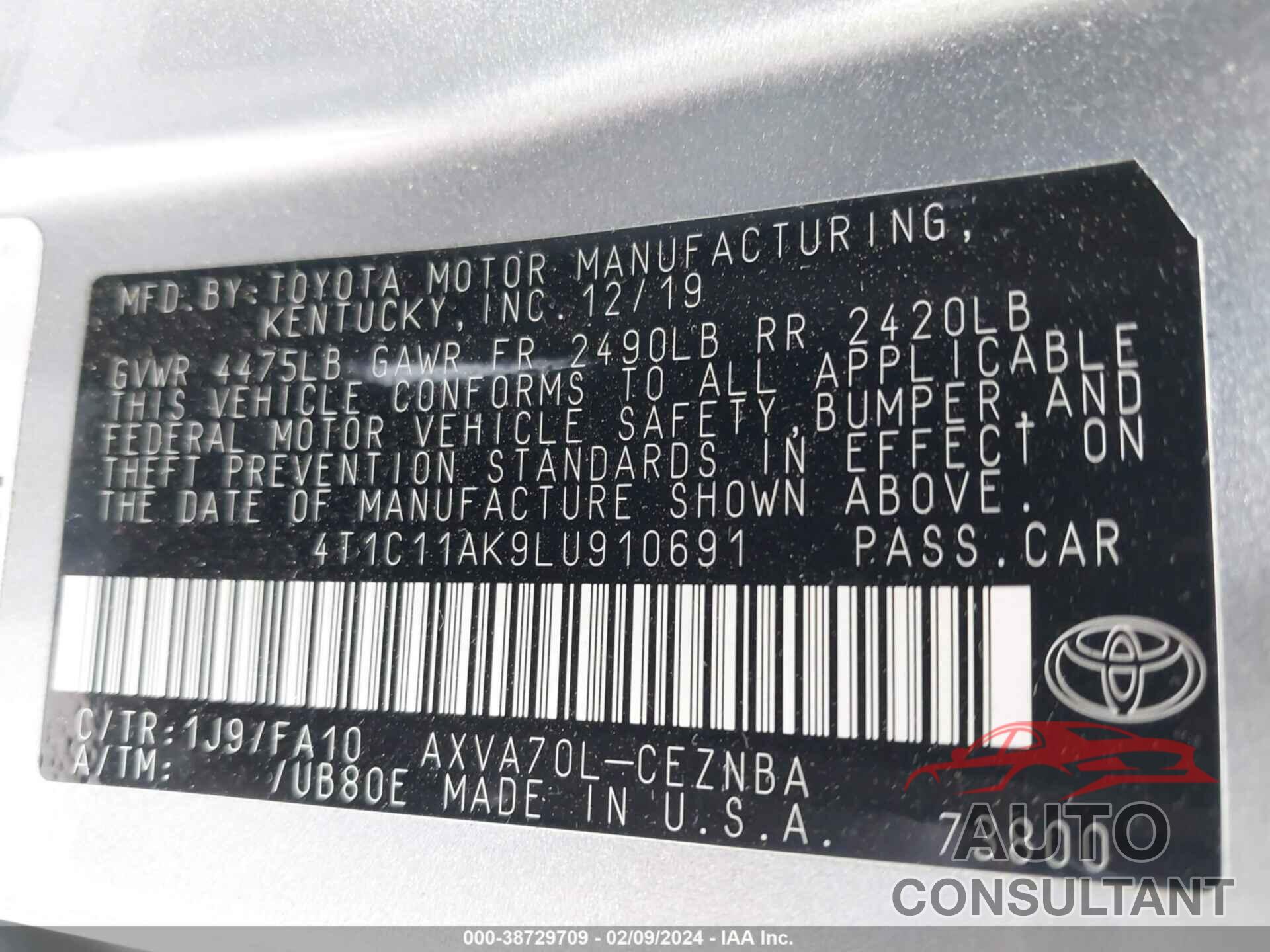 TOYOTA CAMRY 2020 - 4T1C11AK9LU910691