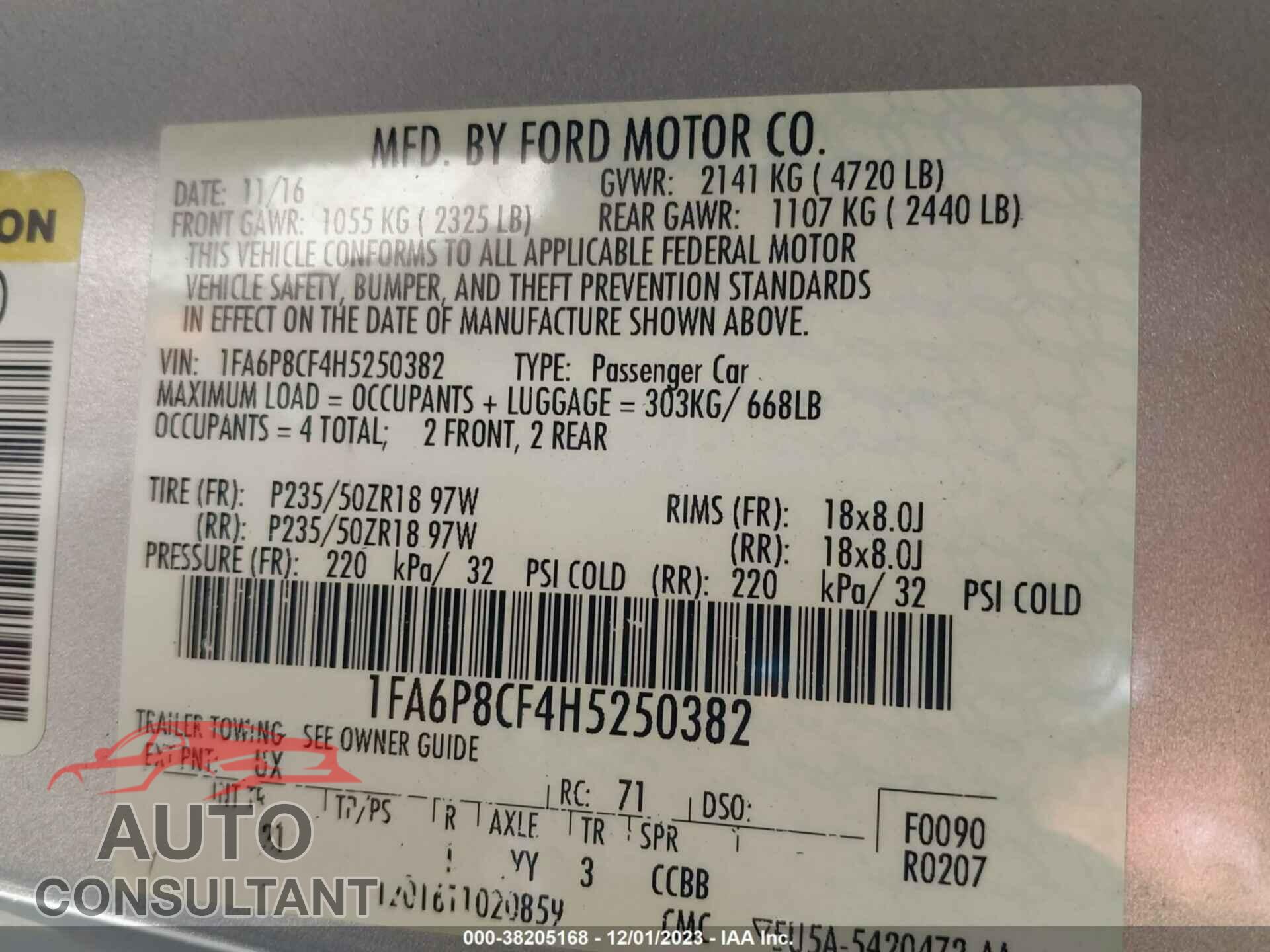 FORD MUSTANG 2017 - 1FA6P8CF4H5250382
