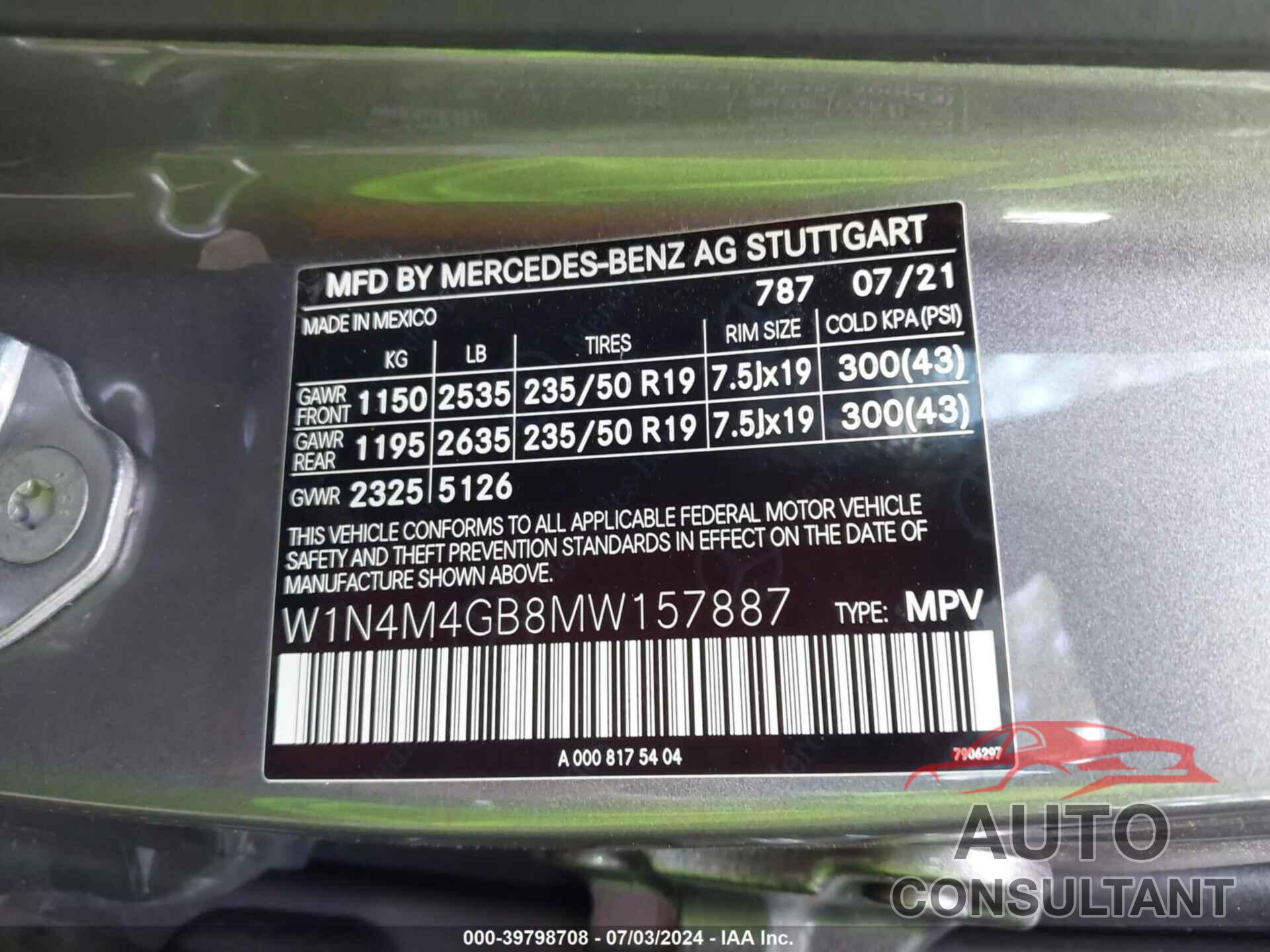 MERCEDES-BENZ GLB 250 2021 - W1N4M4GB8MW157887