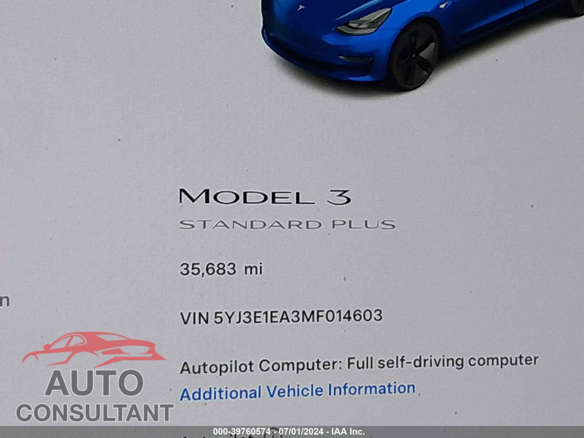 TESLA MODEL 3 2021 - 5YJ3E1EA3MF014603