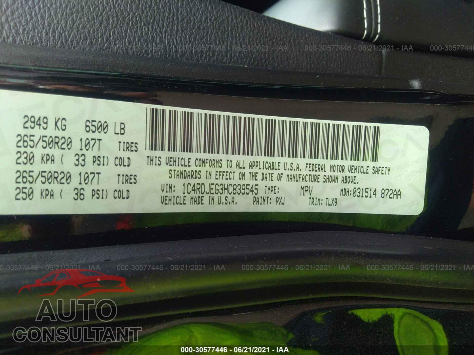 DODGE DURANGO 2017 - 1C4RDJEG3HC839545