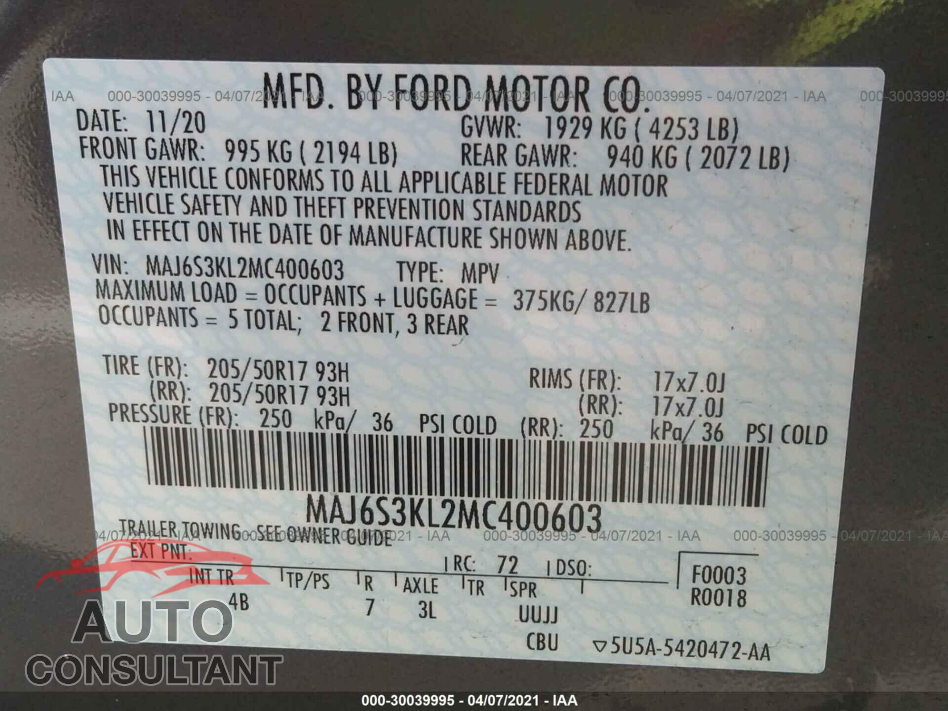 FORD ECOSPORT 2021 - MAJ6S3KL2MC400603