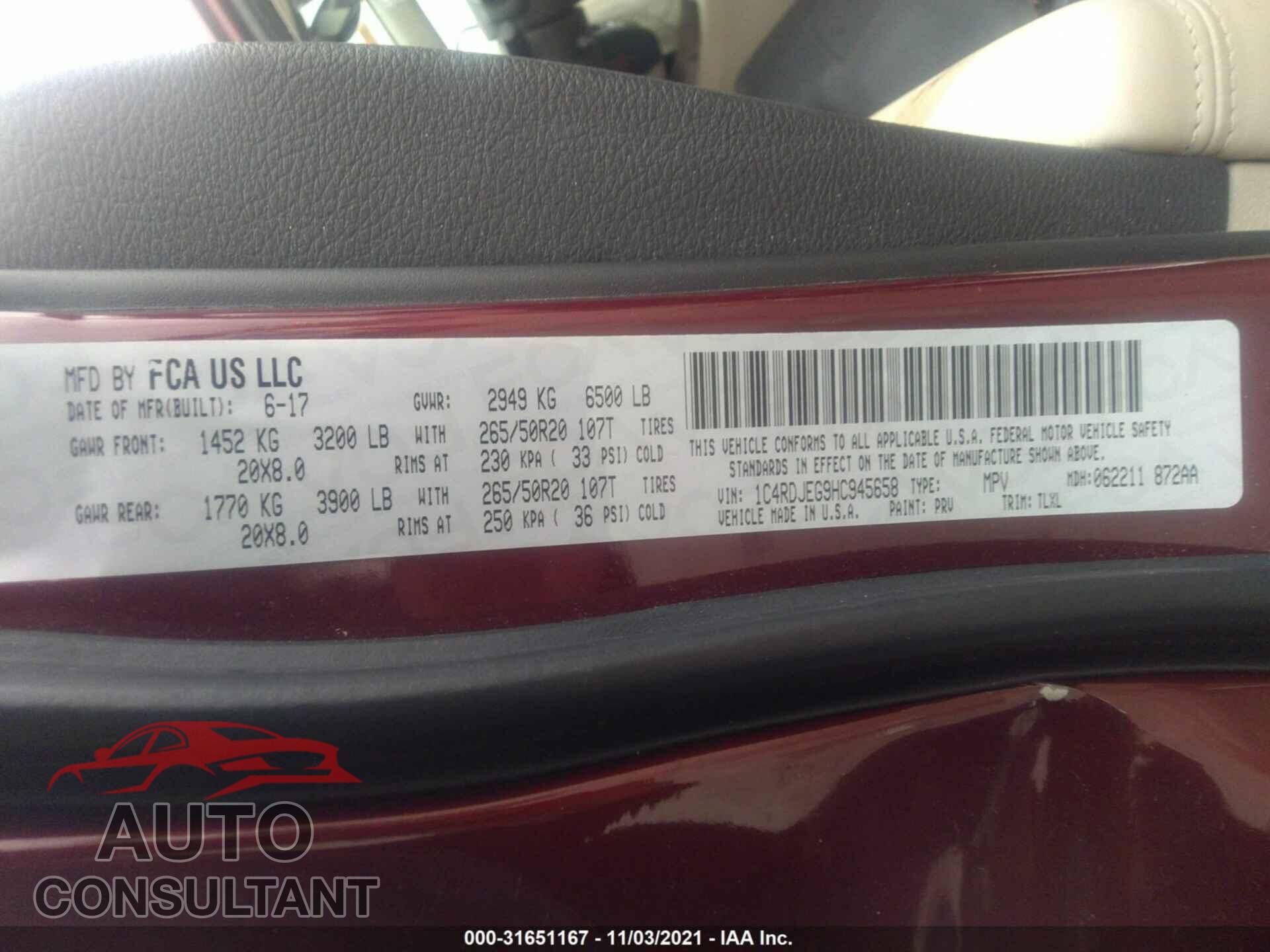 DODGE DURANGO 2017 - 1C4RDJEG9HC945658