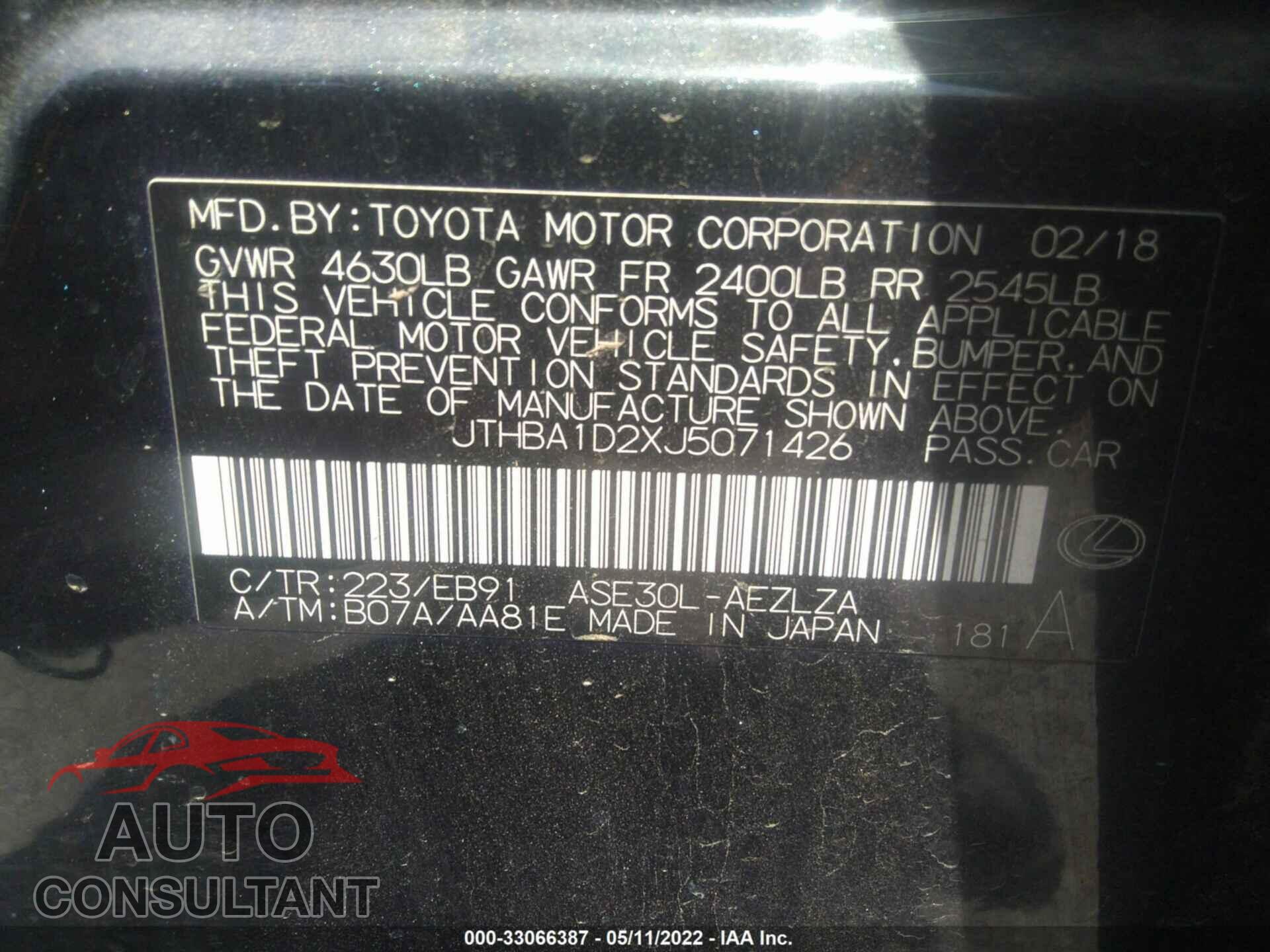 LEXUS IS 2018 - JTHBA1D2XJ5071426