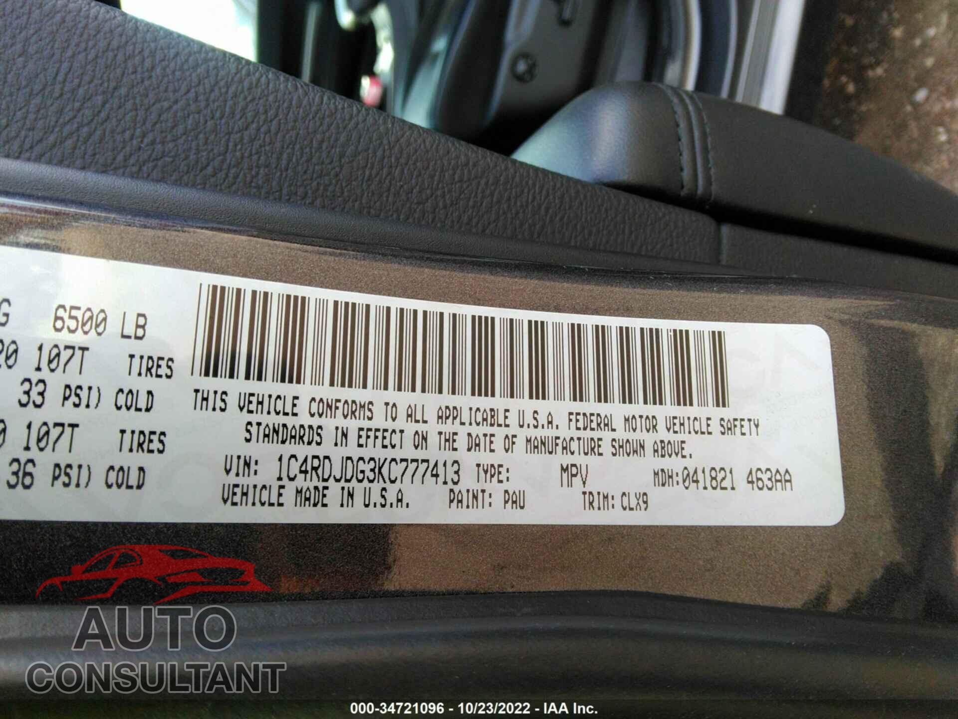 DODGE DURANGO 2019 - 1C4RDJDG3KC777413