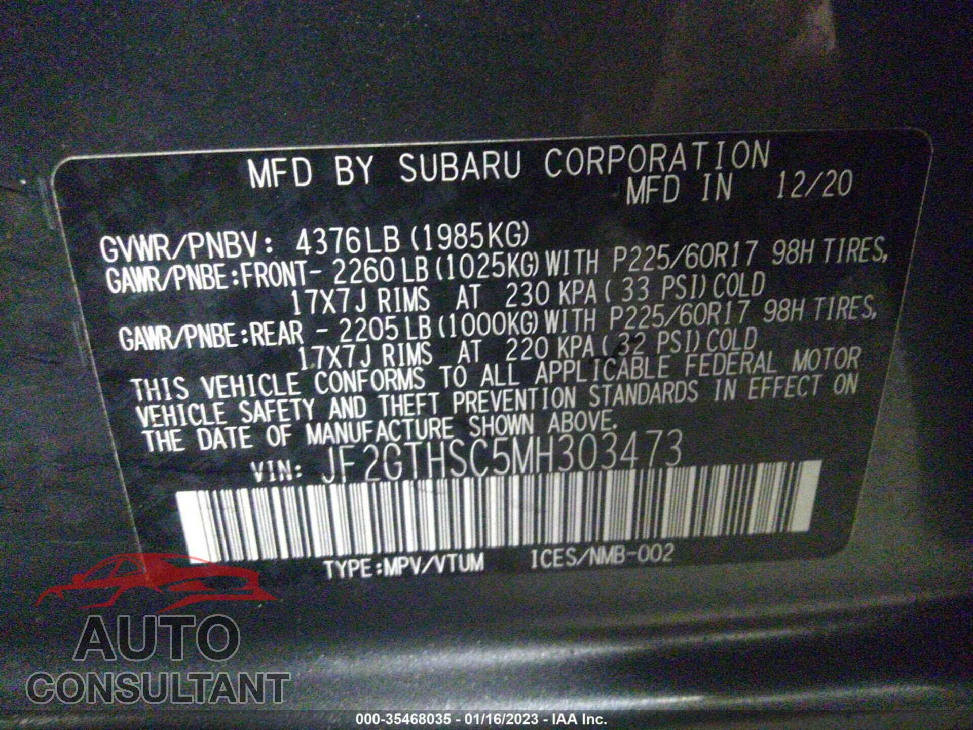 SUBARU CROSSTREK 2021 - JF2GTHSC5MH303473