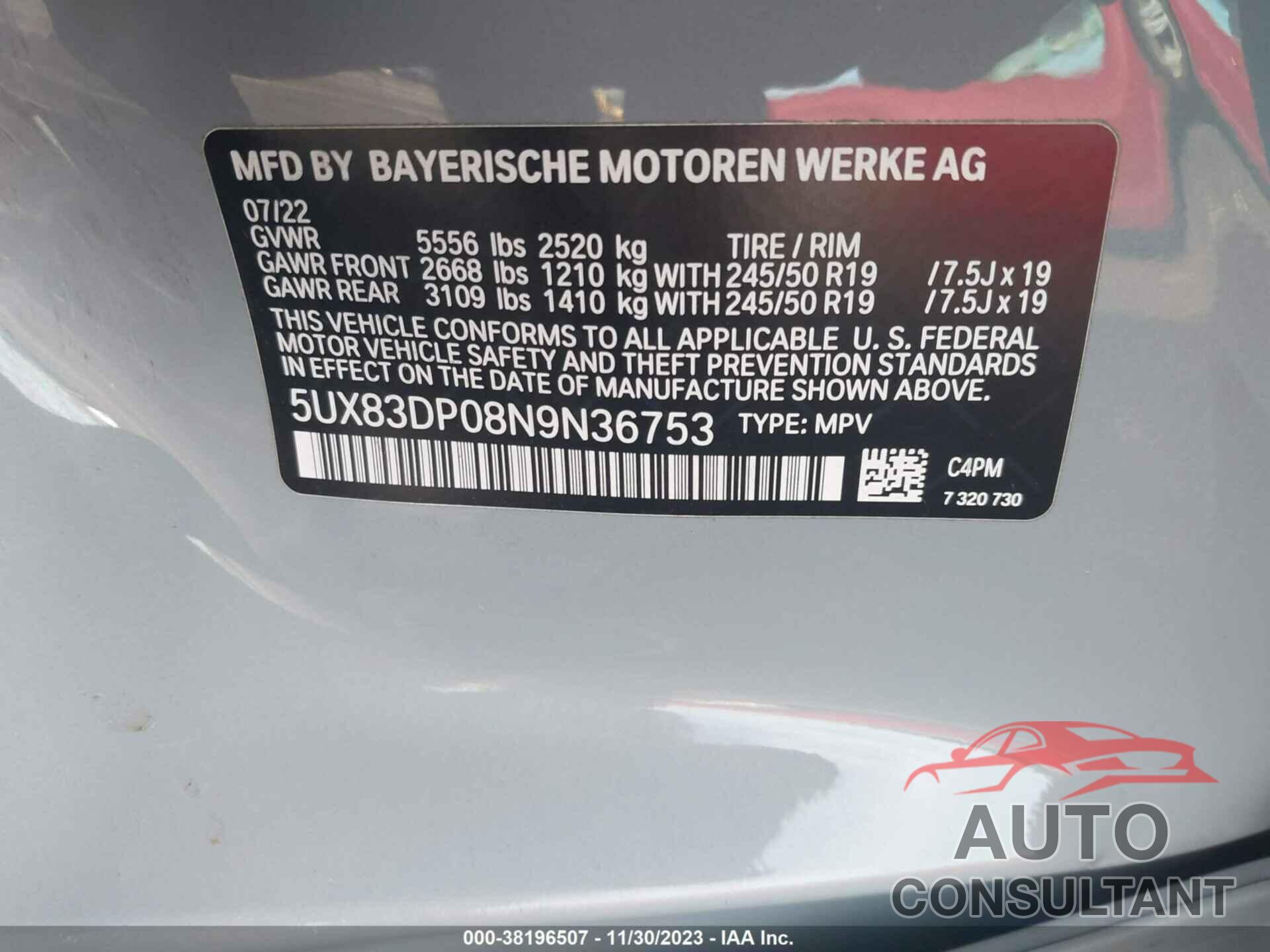 BMW X3 2022 - 5UX83DP08N9N36753