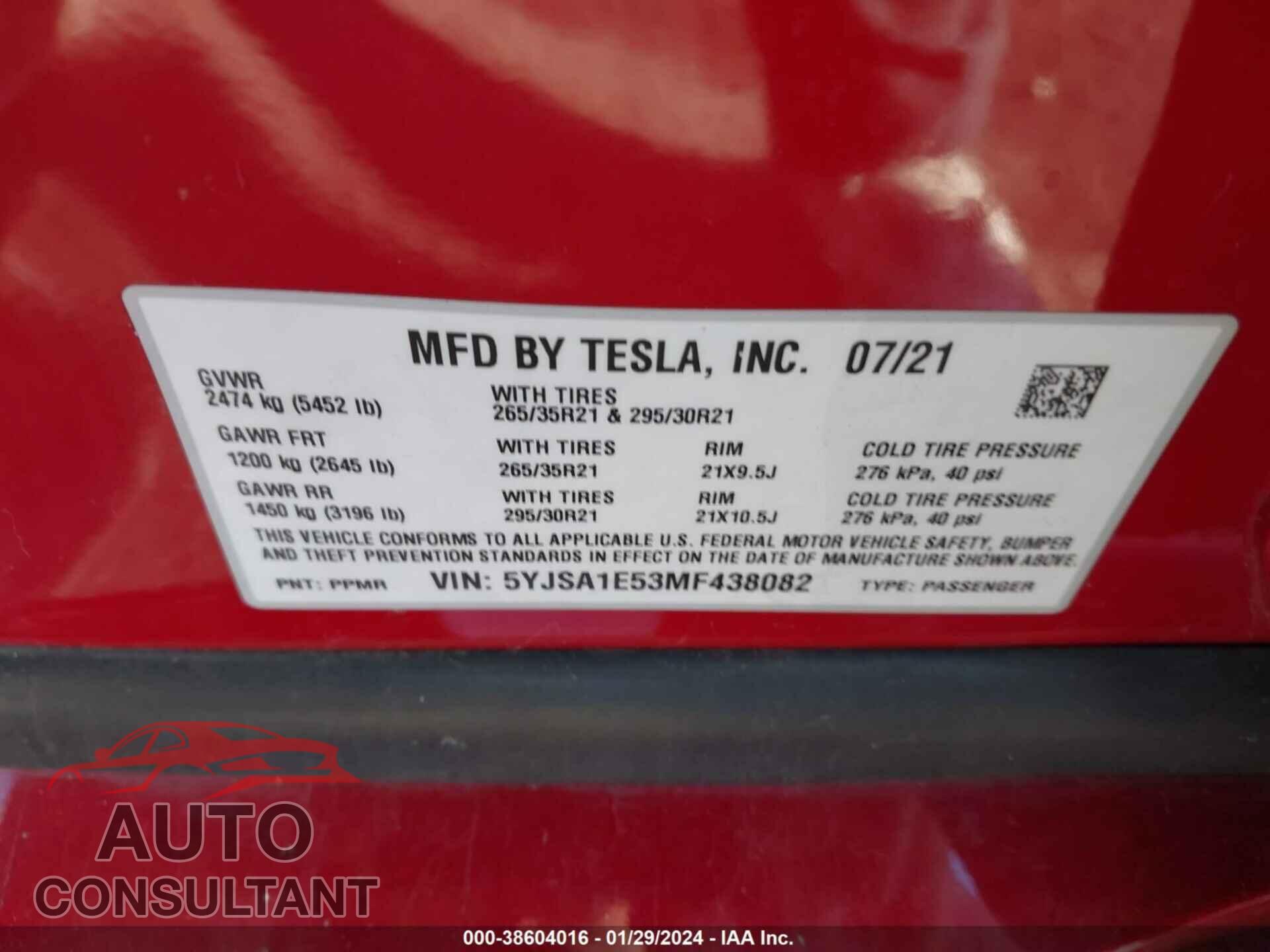 TESLA MODEL S 2021 - 5YJSA1E53MF438082
