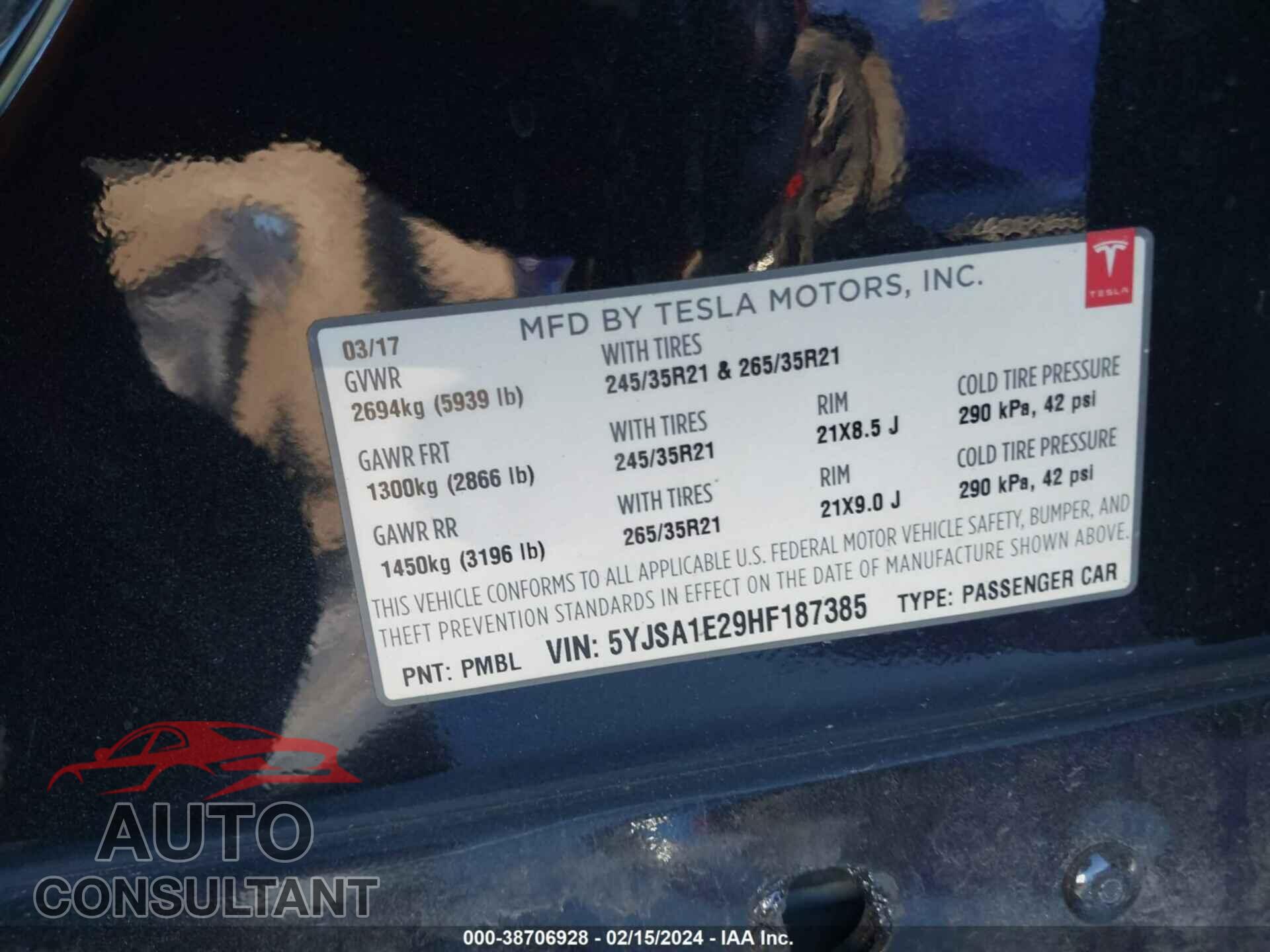 TESLA MODEL S 2017 - 5YJSA1E29HF187385