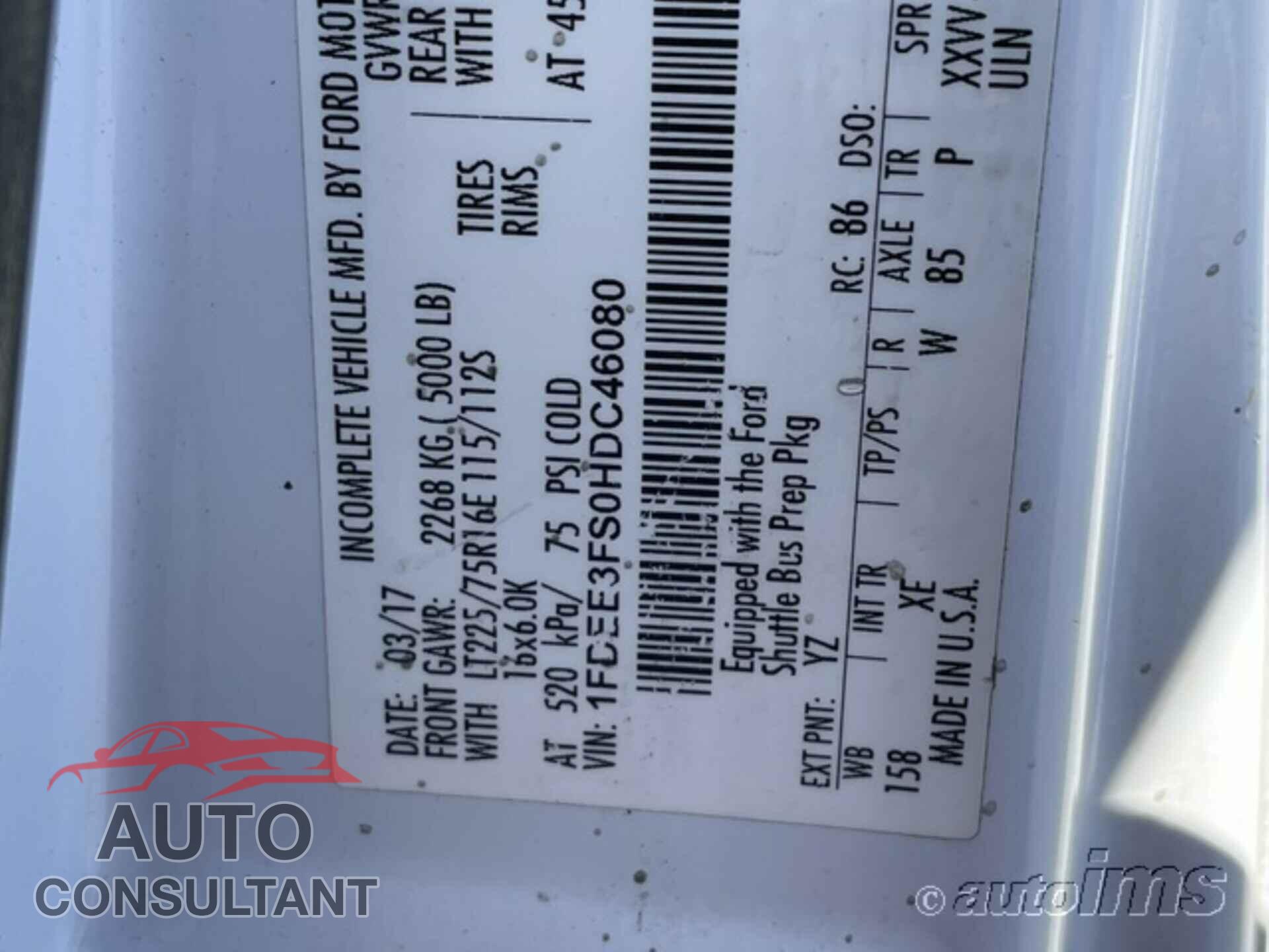 FORD E-350 CUTAWAY 2017 - 1FDEE3FS0HDC46080
