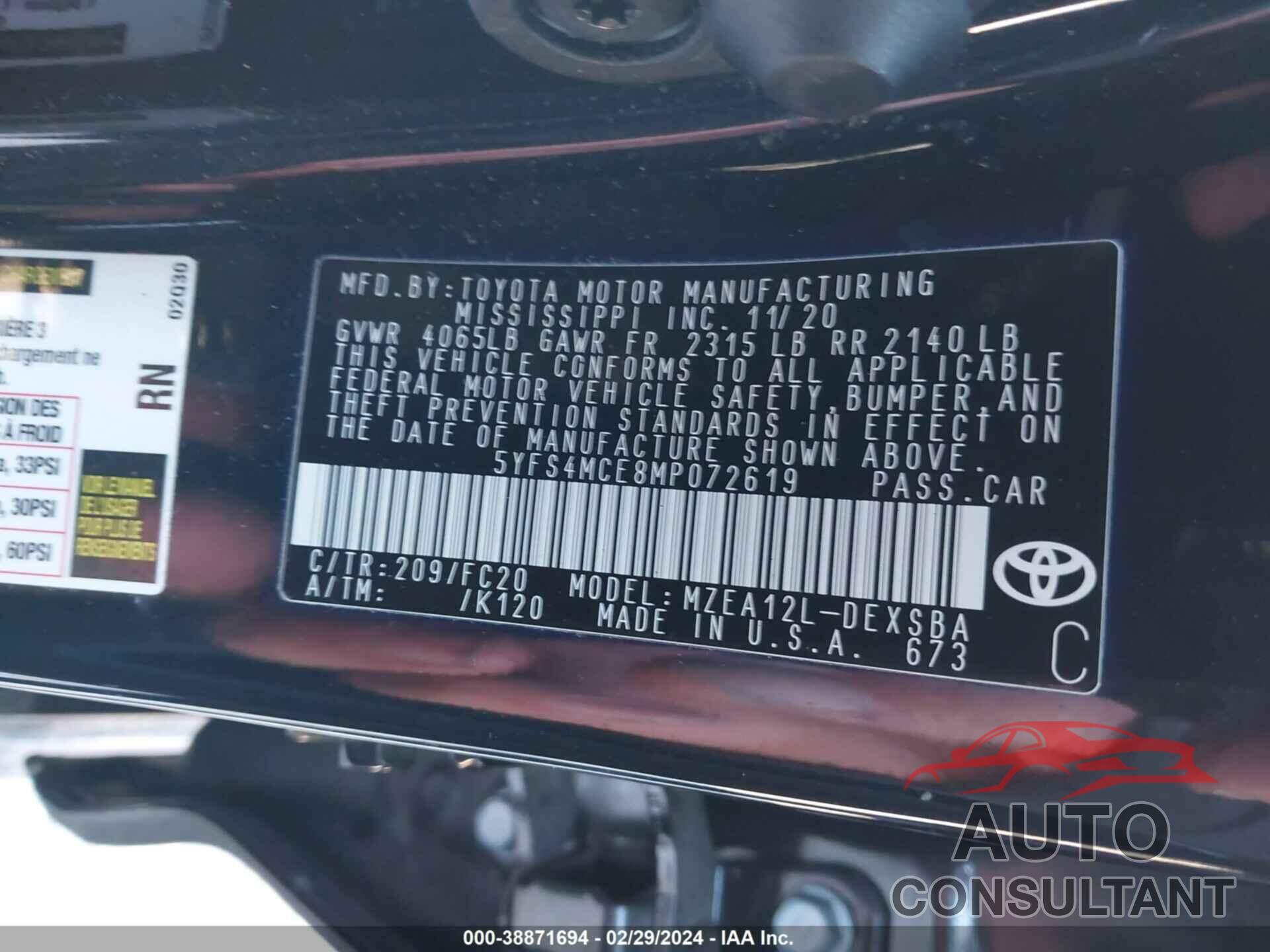 TOYOTA COROLLA 2021 - 5YFS4MCE8MP072619