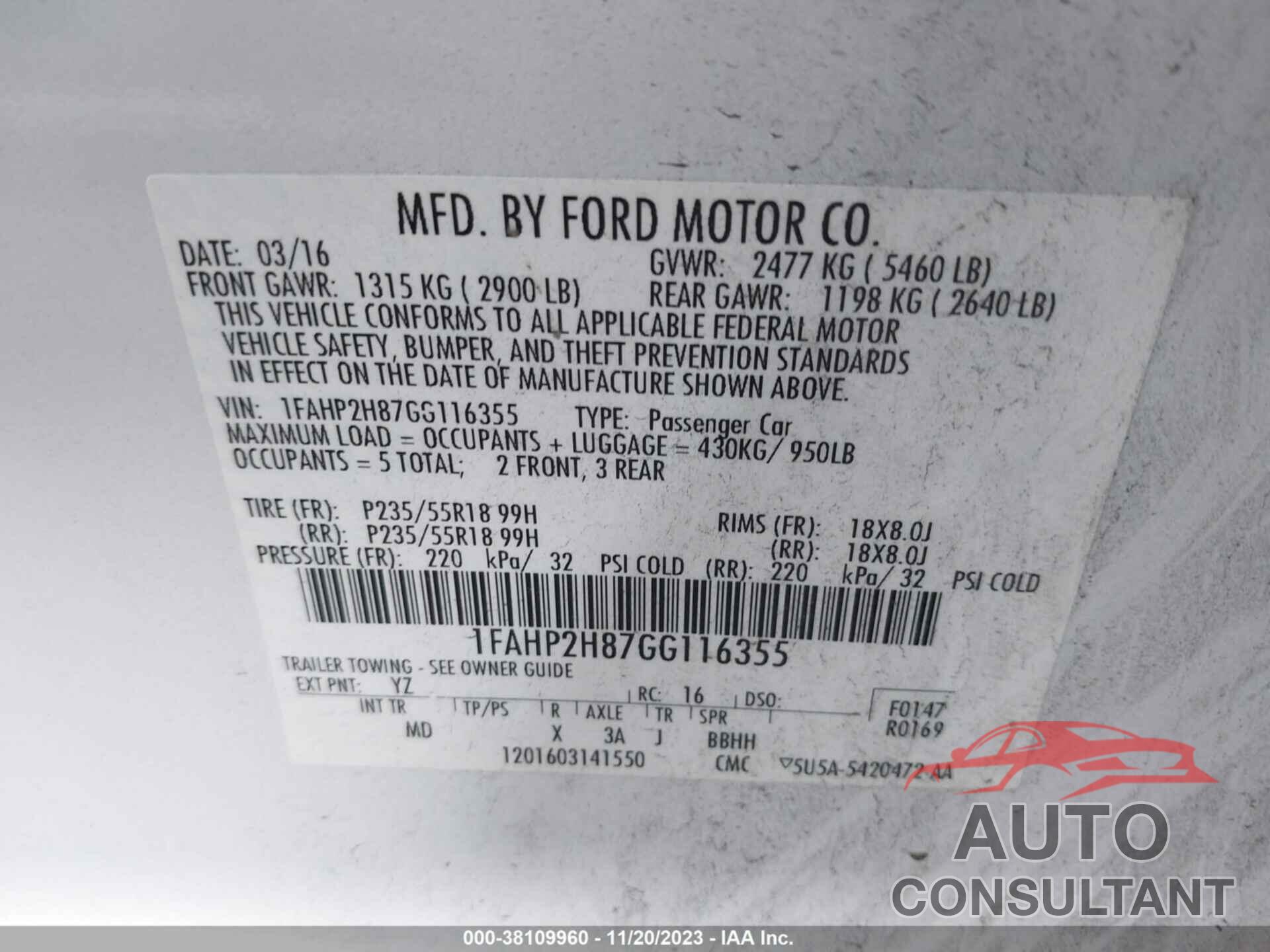 FORD TAURUS 2016 - 1FAHP2H87GG116355