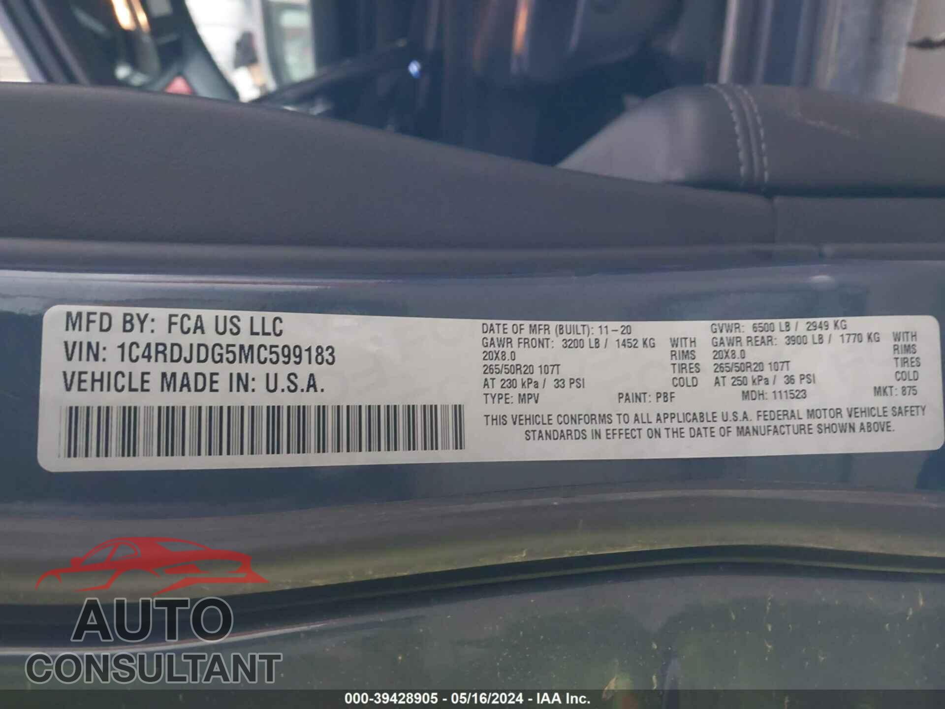 DODGE DURANGO 2021 - 1C4RDJDG5MC599183