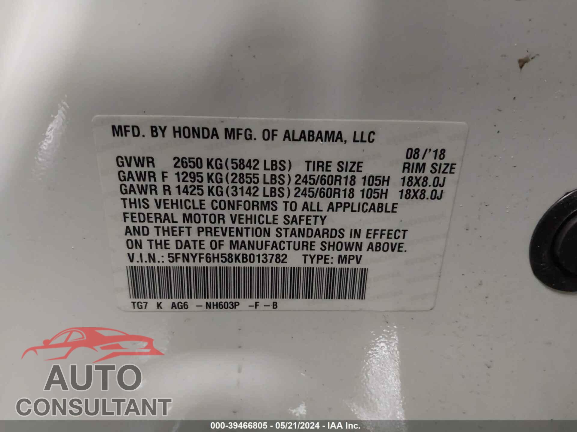 HONDA PILOT 2019 - 5FNYF6H58KB013782