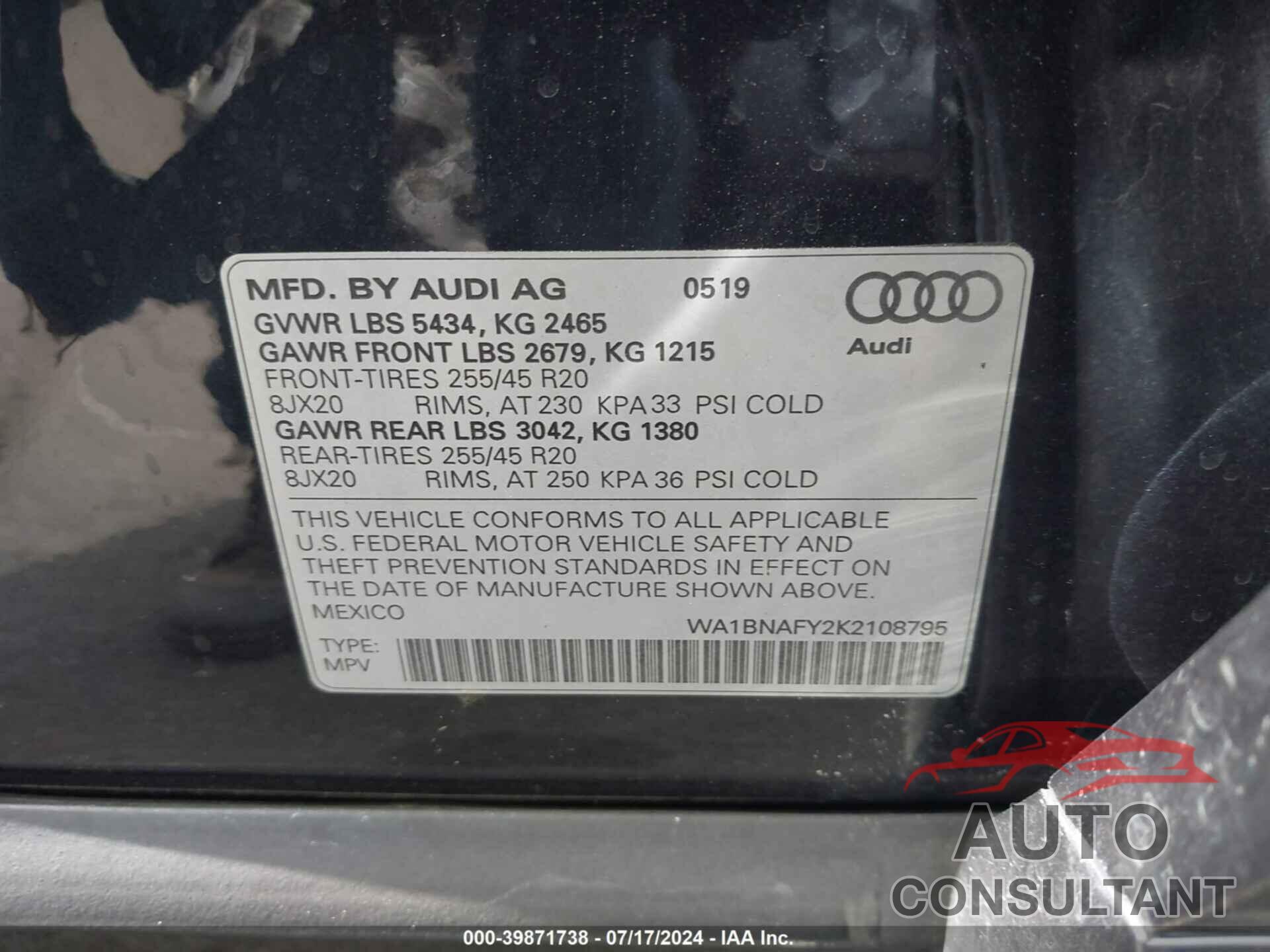 AUDI Q5 2019 - WA1BNAFY2K2108795