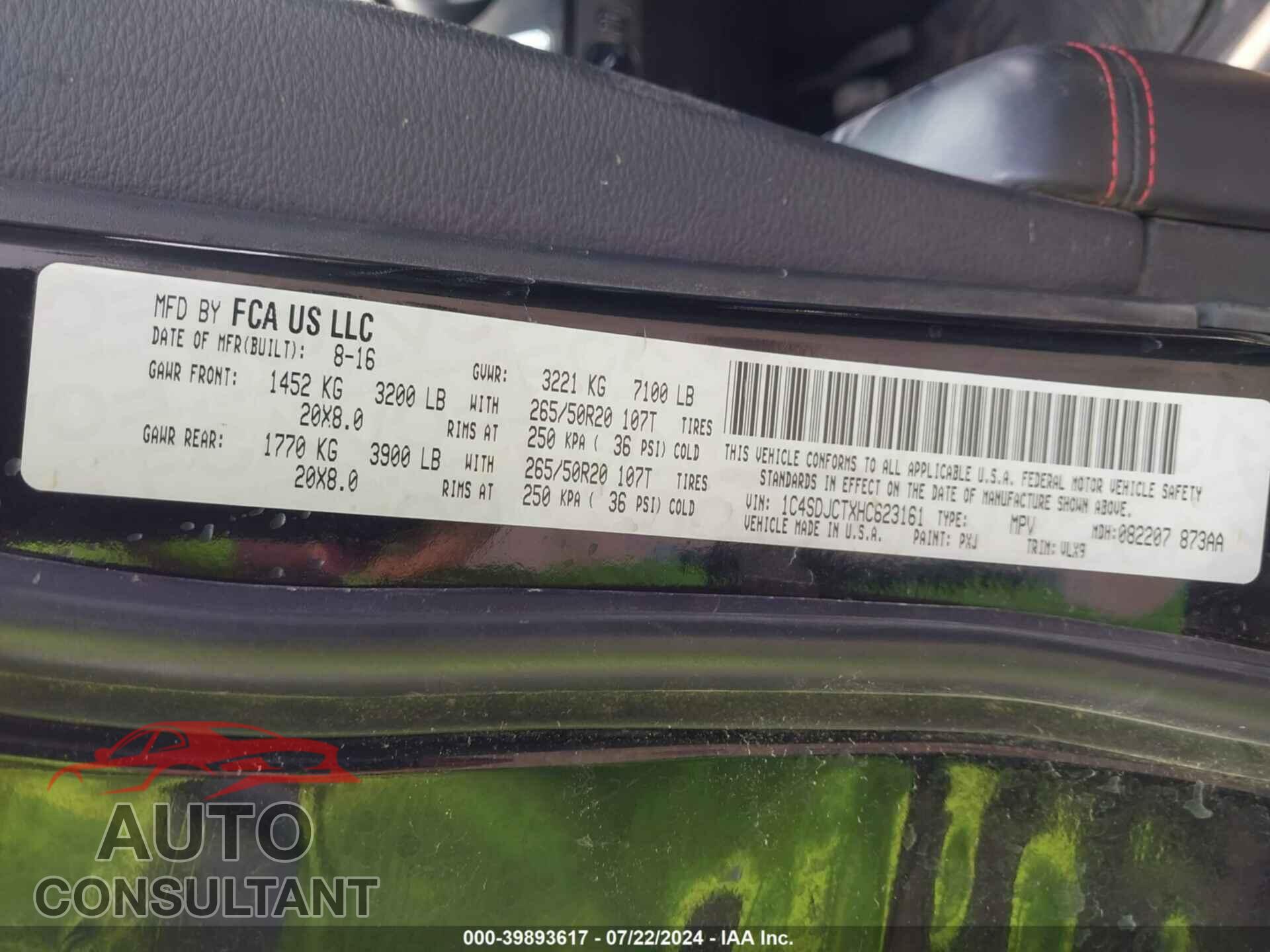 DODGE DURANGO 2017 - 1C4SDJCTXHC623161