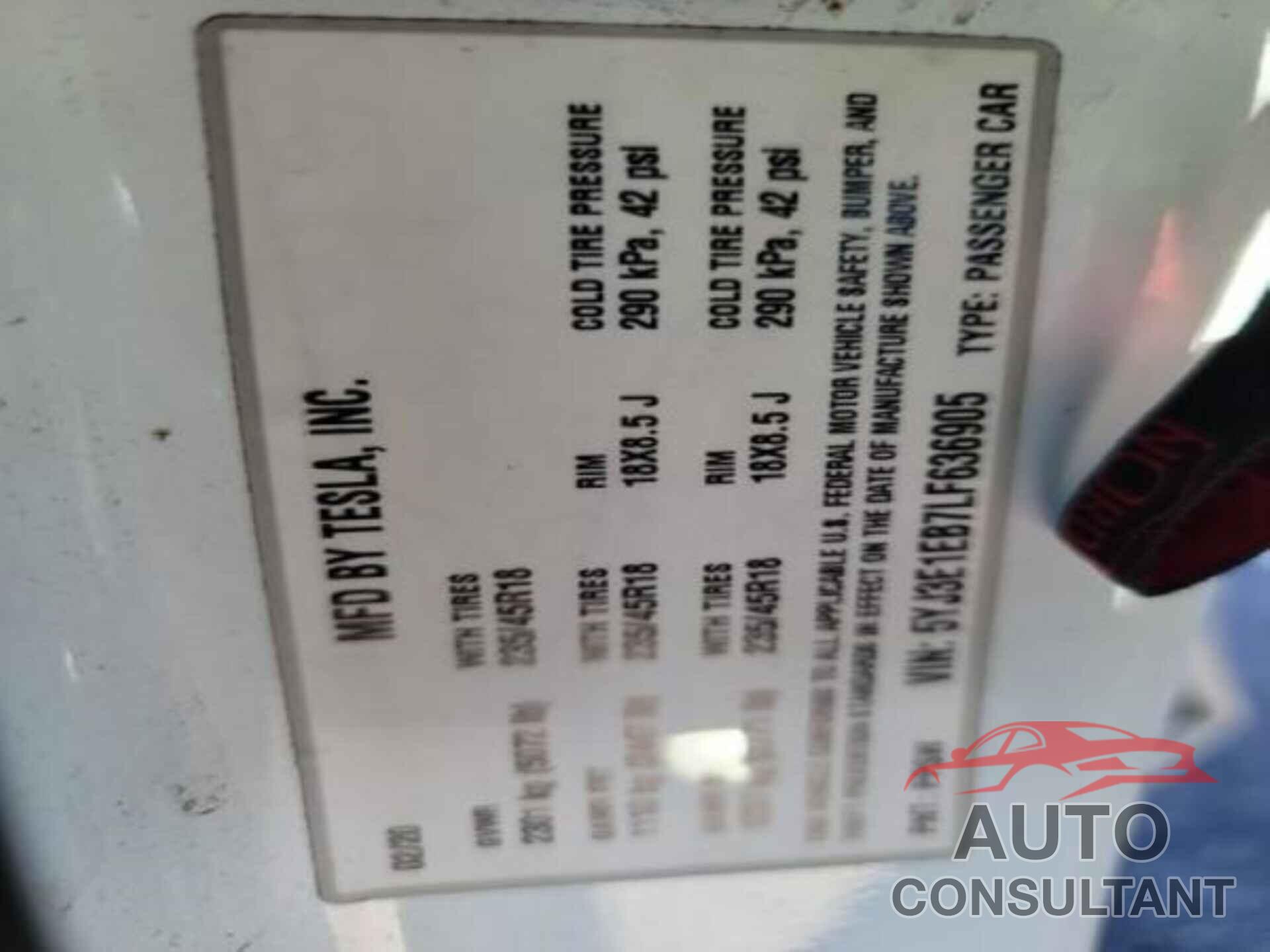 TESLA MODEL 3 2020 - 5YJ3E1EB7LF636905