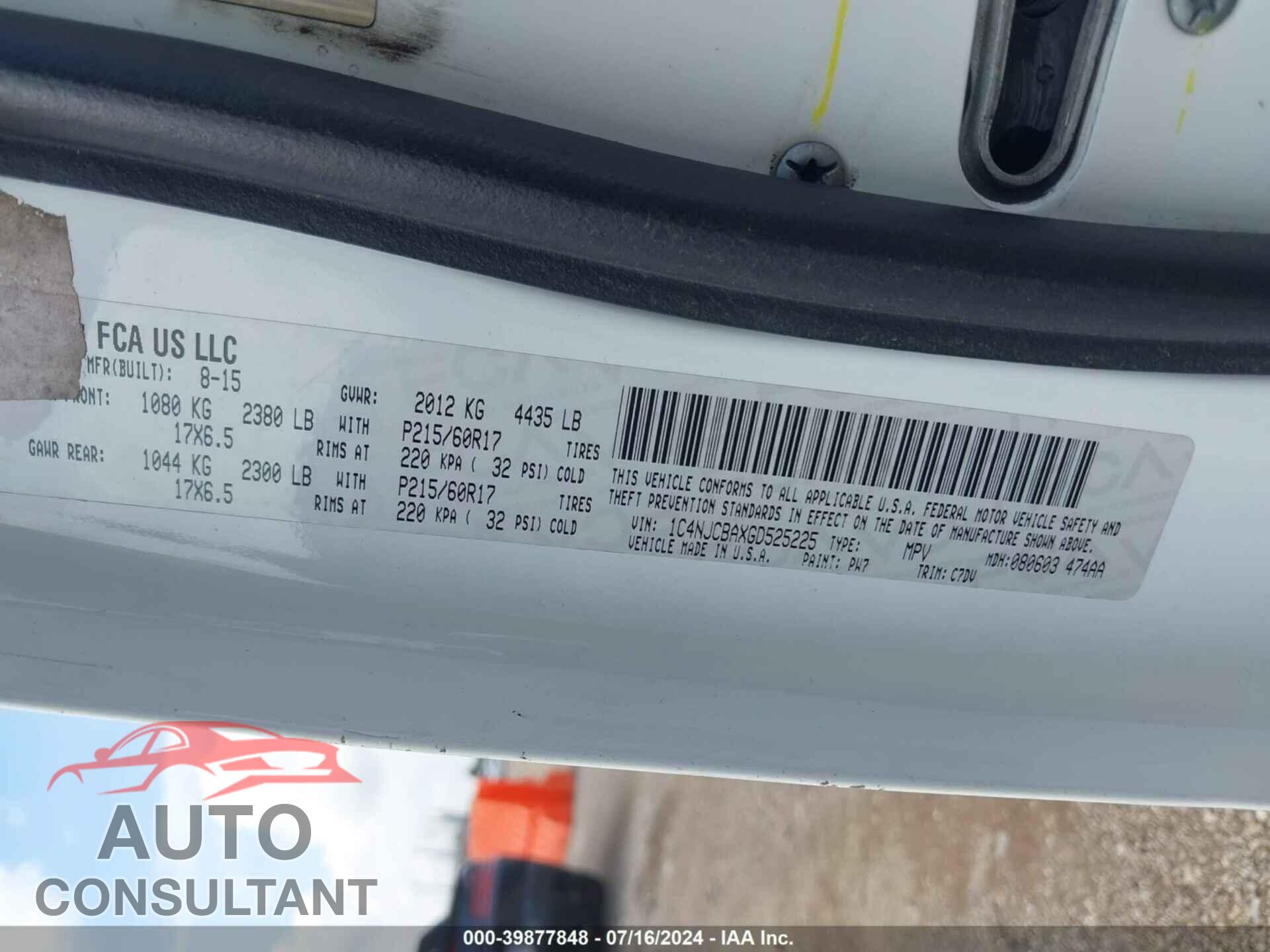 JEEP COMPASS 2016 - 1C4NJCBAXGD525225