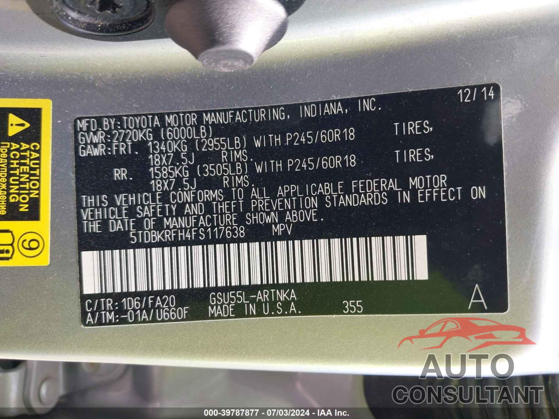 TOYOTA HIGHLANDER 2015 - 5TDBKRFH4FS117638