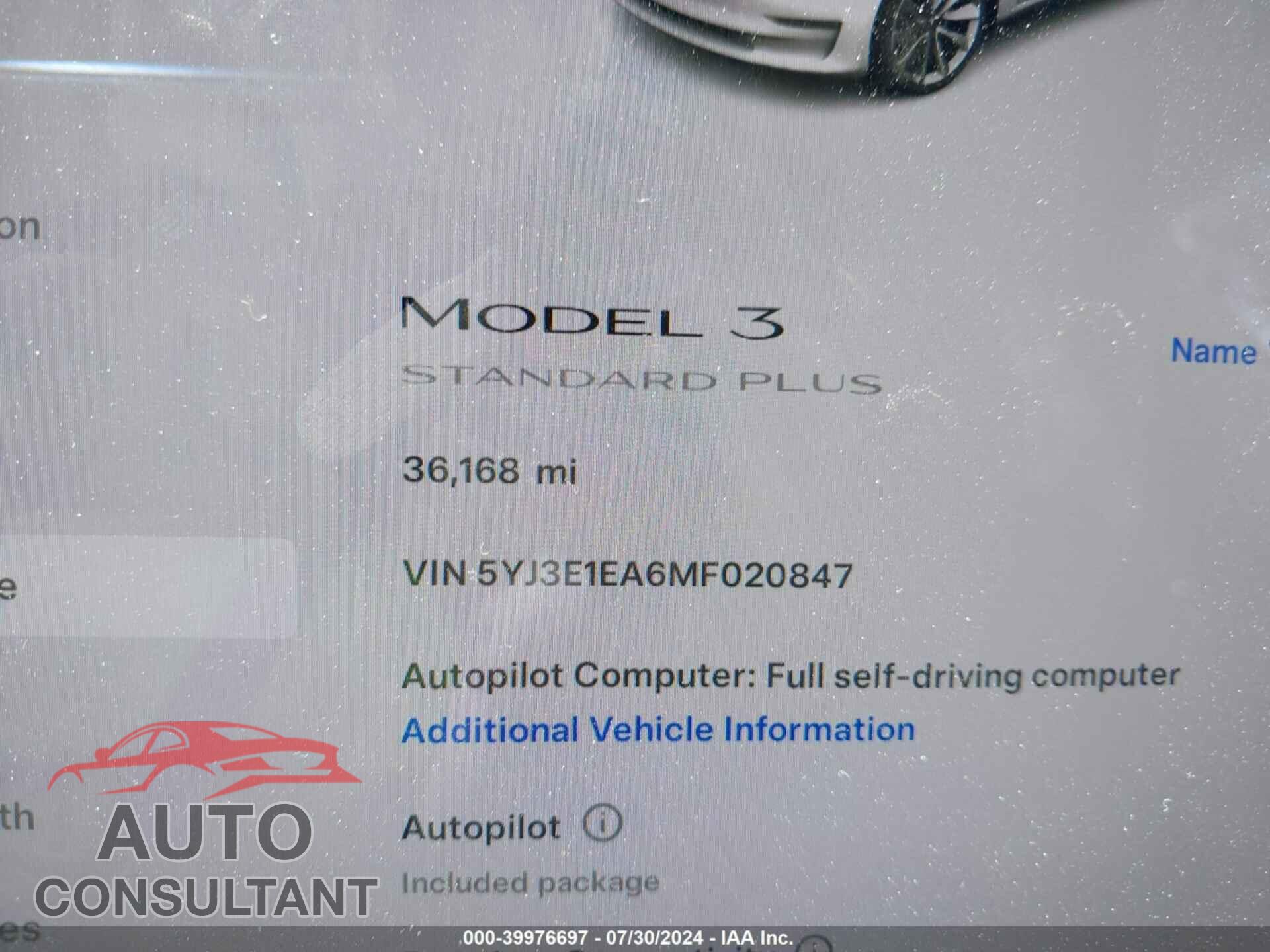 TESLA MODEL 3 2021 - 5YJ3E1EA6MF020847