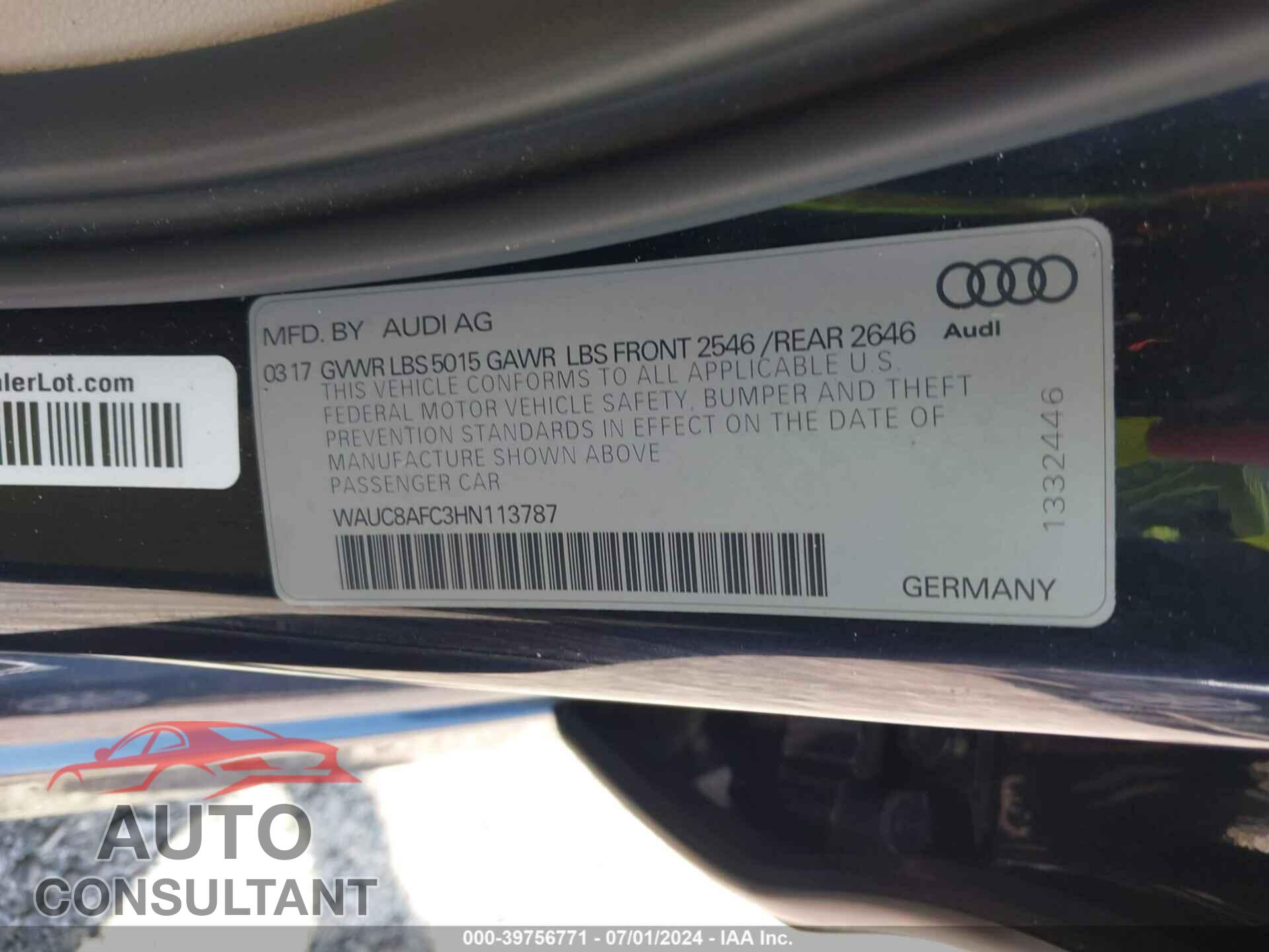 AUDI A6 2017 - WAUC8AFC3HN113787