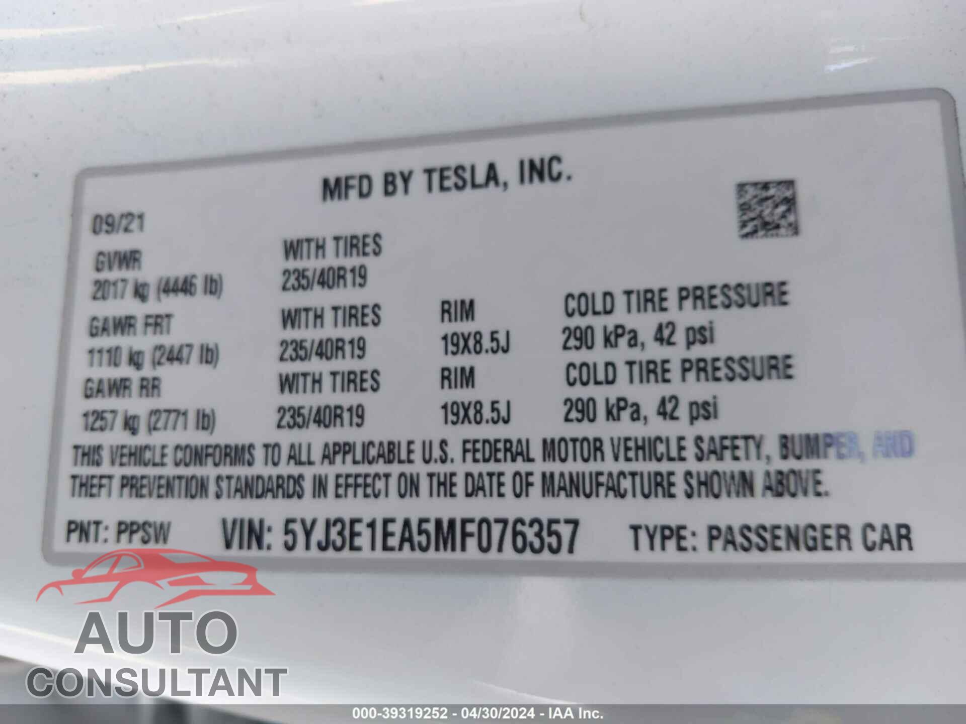 TESLA MODEL 3 2021 - 5YJ3E1EA5MF076357