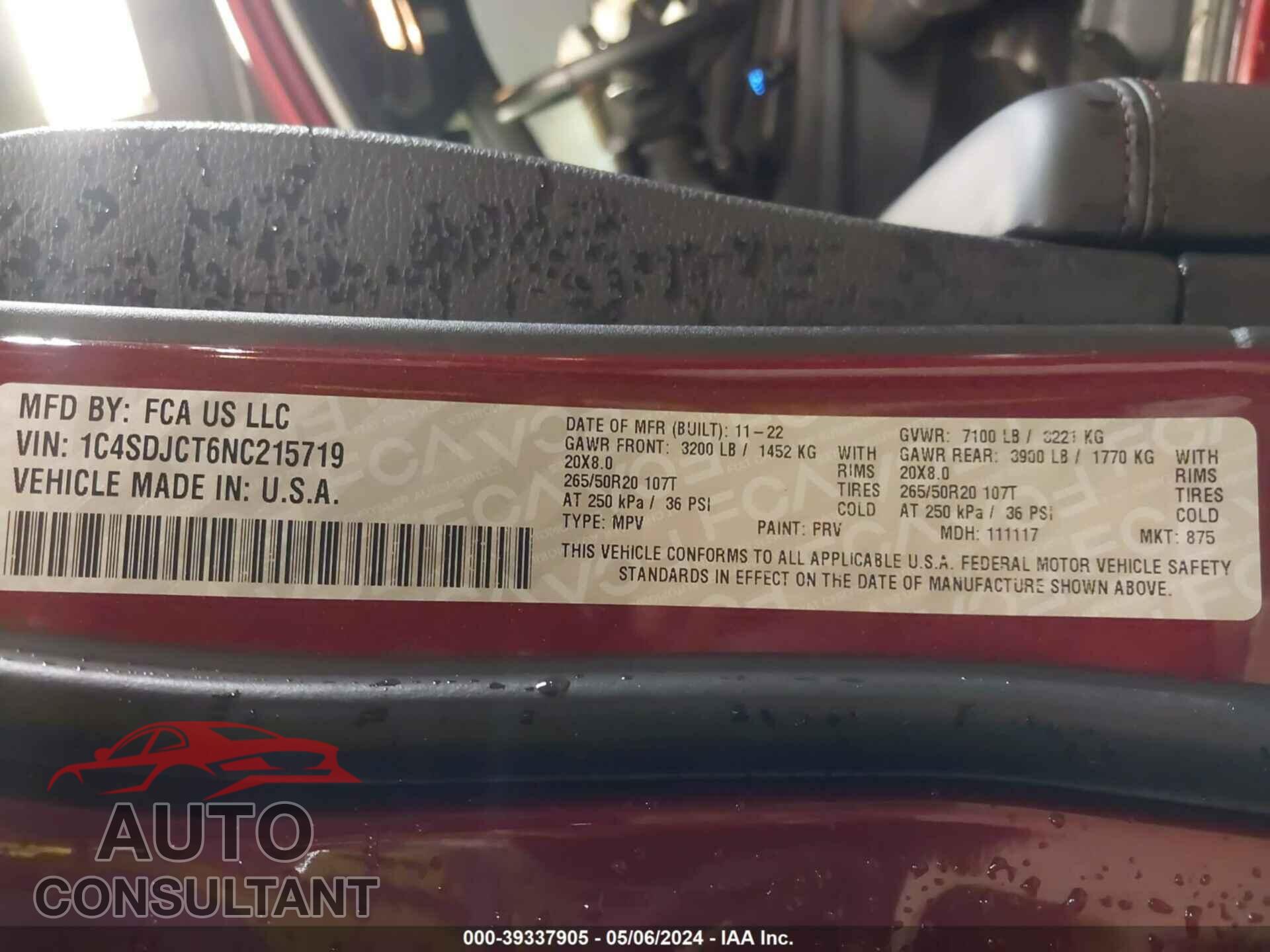 DODGE DURANGO 2022 - 1C4SDJCT6NC215719