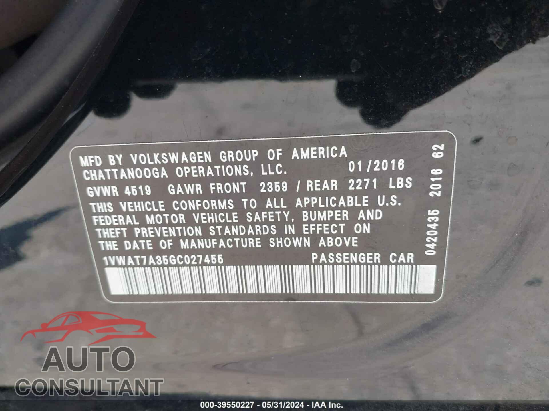 VOLKSWAGEN PASSAT 2016 - 1VWAT7A35GC027455
