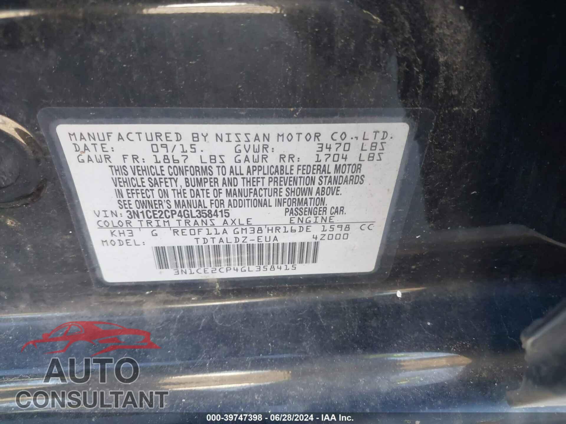 NISSAN VERSA NOTE 2016 - 3N1CE2CP4GL358415