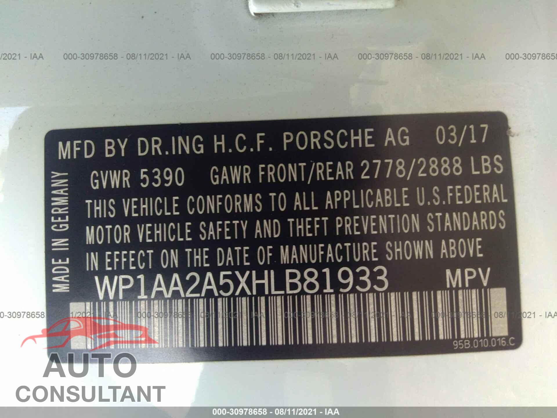 PORSCHE MACAN 2017 - WP1AA2A5XHLB81933