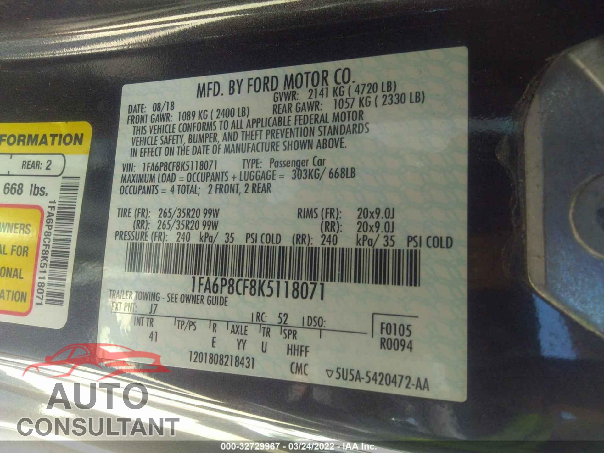 FORD MUSTANG 2019 - 1FA6P8CF8K5118071