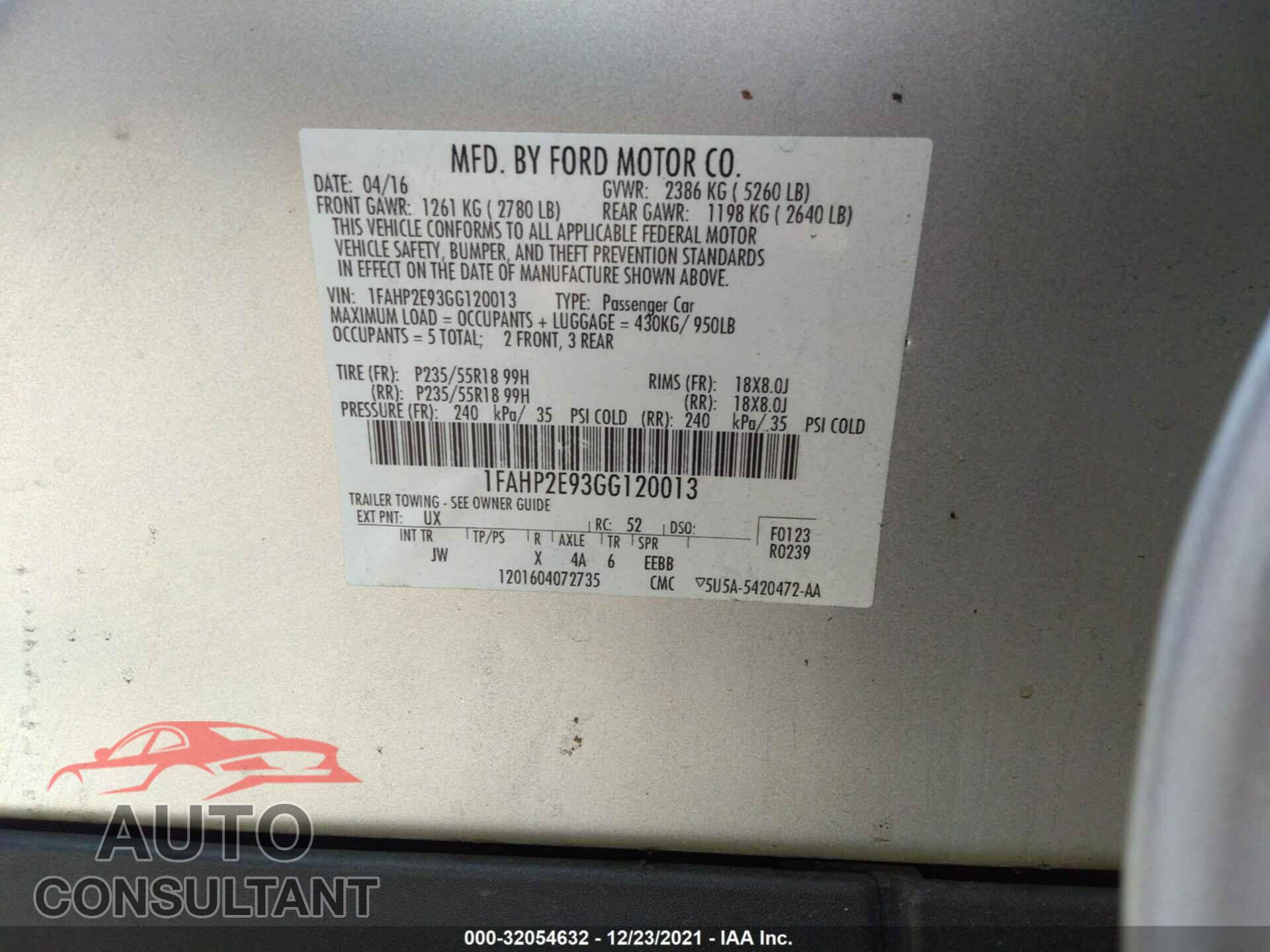 FORD TAURUS 2016 - 1FAHP2E93GG120013